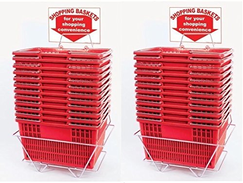 24-Pack Red Plastic Shopping Baskets with Metal Handles - Includes 2 Display Stands & Sign - Durable Retail Store Baskets for Supermarkets, Boutiques & Farmers Markets