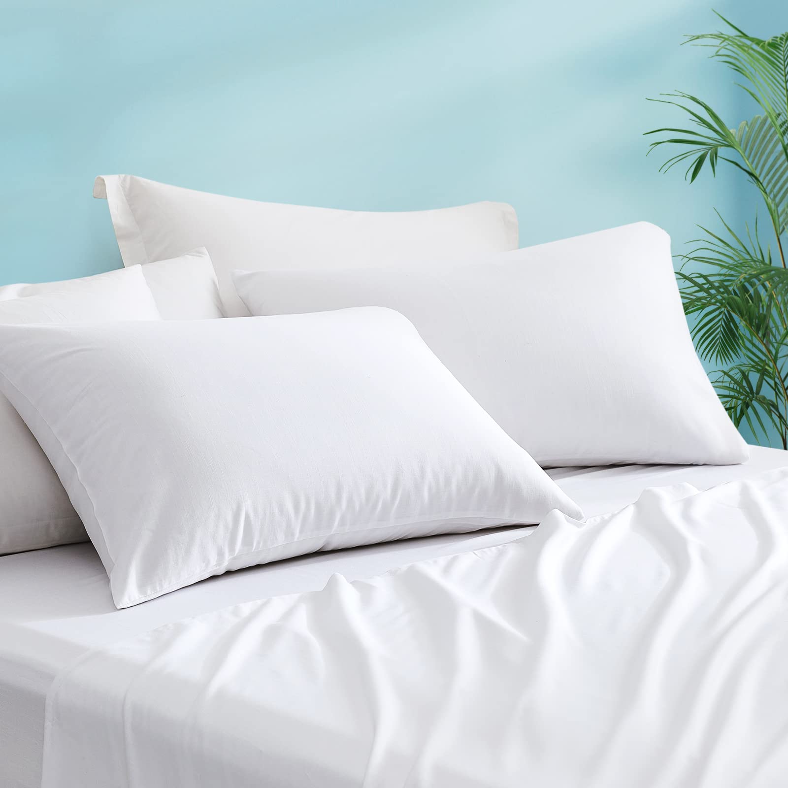 LUXEAR Cooling Pillow Cases 2 Pack King Size - 100% Bamboo & Linen Fiber, Breathable Ultra Soft Pillow Covers, Anti-Static, Machine Washable Envelope Hotel Pillowcases - White for Bedroom, Guest Room & Travel