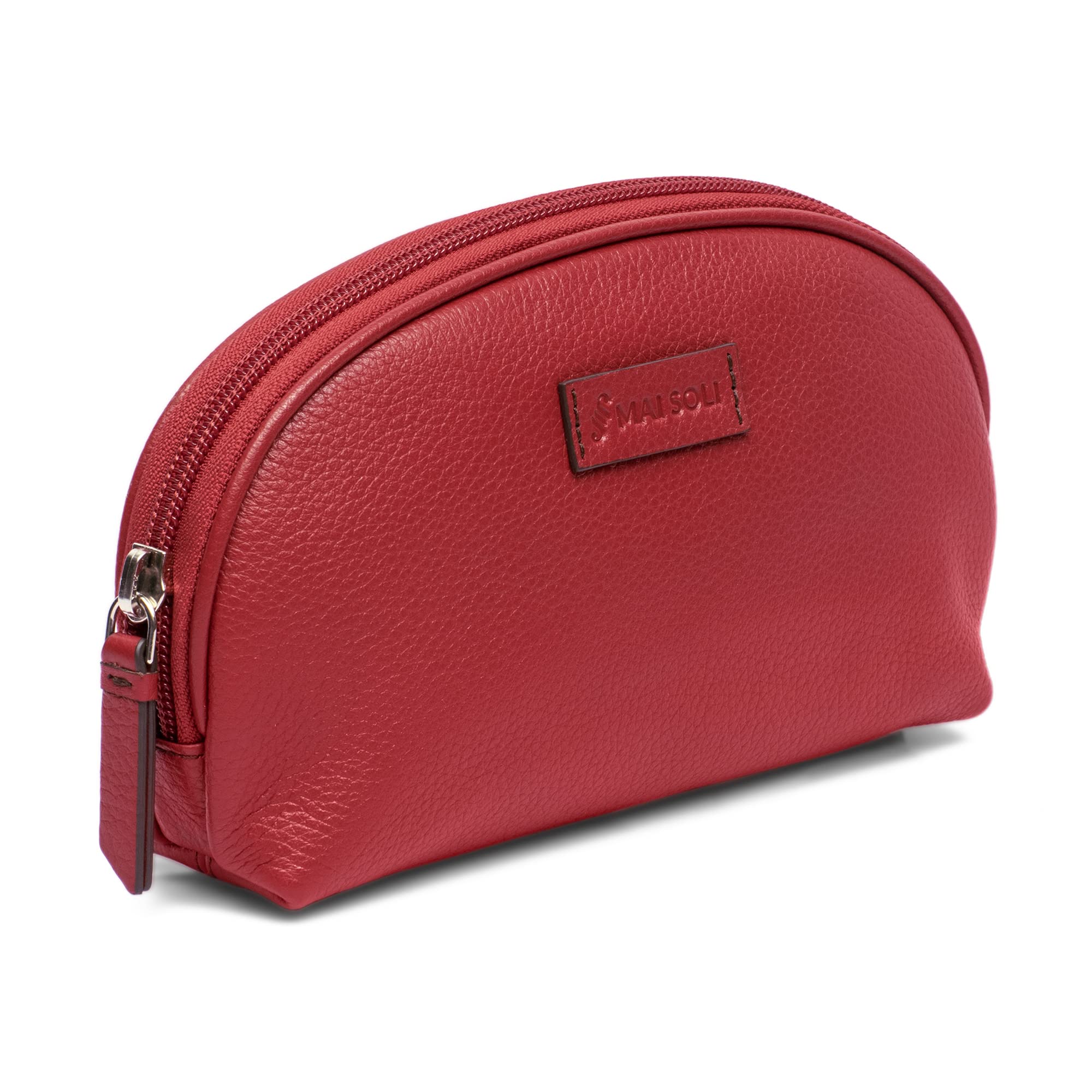 MAI SOLI Large Dome Women's Leather Cosmetic Bag | Makeup Organizer for Brushes, Toiletries & Travel Essentials | Portable Medicine Pouch | Perfect for Daily Use, Vacation & Gift Giving - Red
