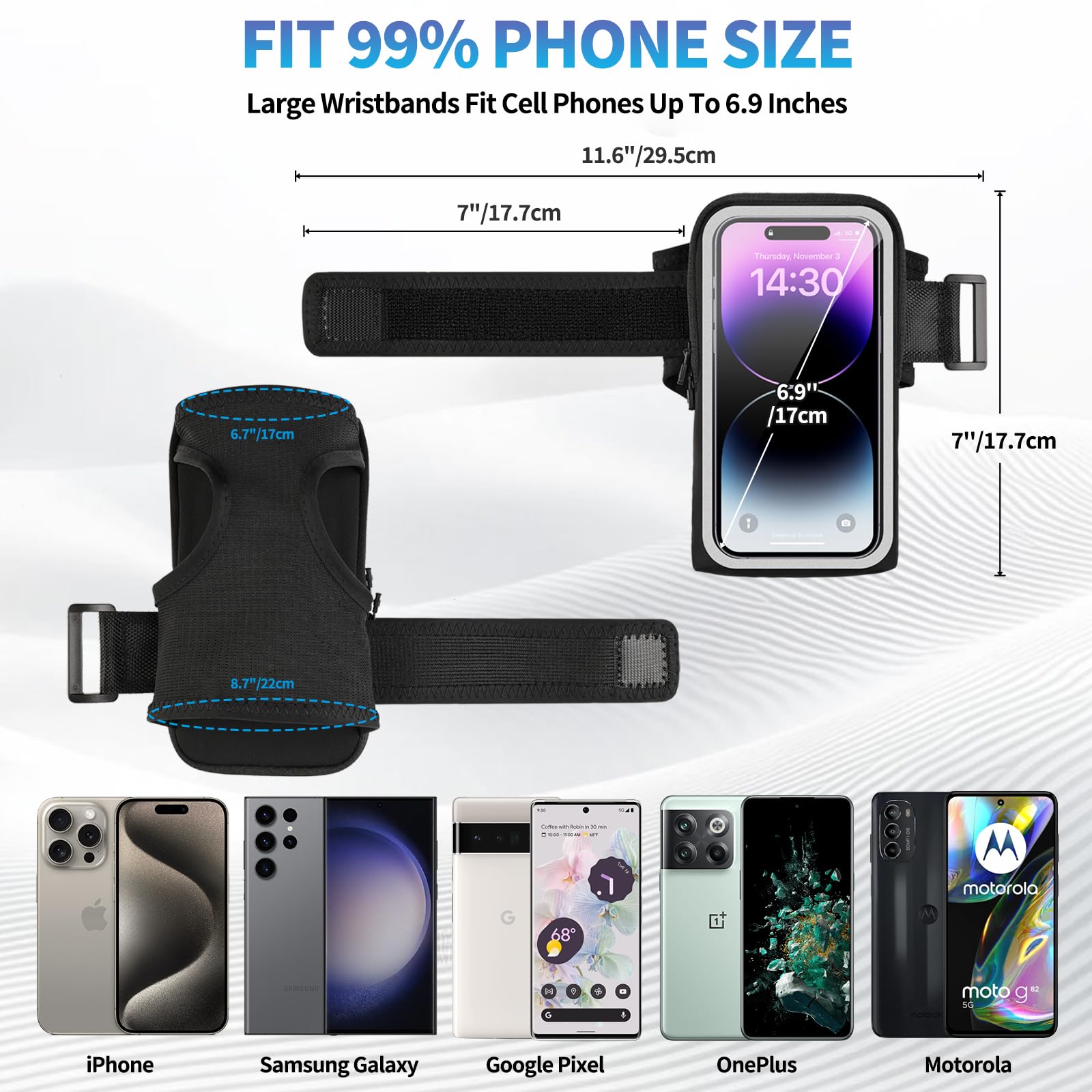 **Running Phone Armband for iPhone 16/15 Pro/14 Plus/13/11/XR/XS & Galaxy S24/S10 – Adjustable Wristband Holder for Phones 4-6.8