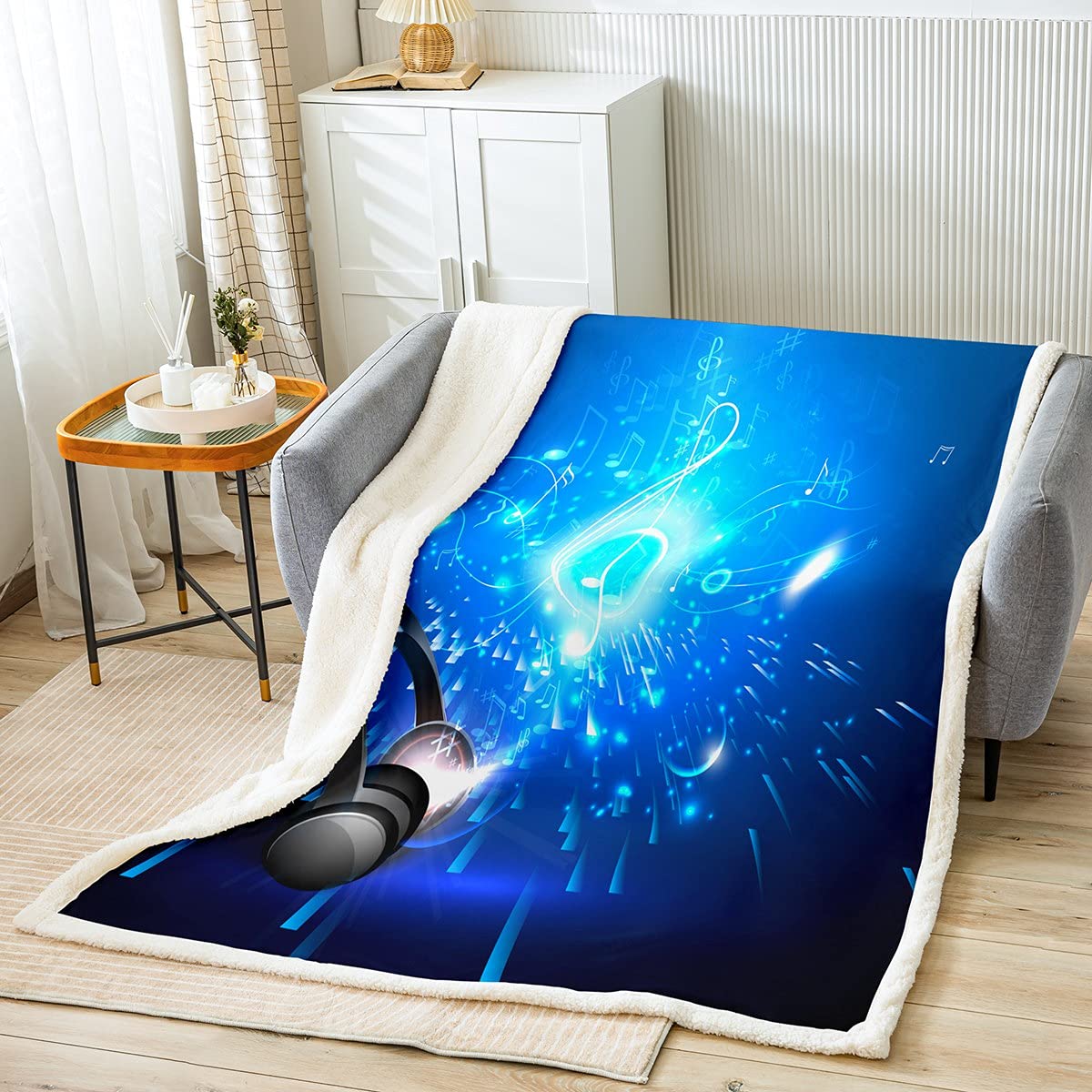 3D Stereo Music Sherpa Fleece Throw Blanket with Headphone & Musical Notes Design - Soft Plush Rock Themed Blanket for Kids, Boys & Girls - 90x90 Inch Queen Size for Bed, Sofa, Couch - Perfect for Music Lovers' Room Decor & Cozy Movie Nights