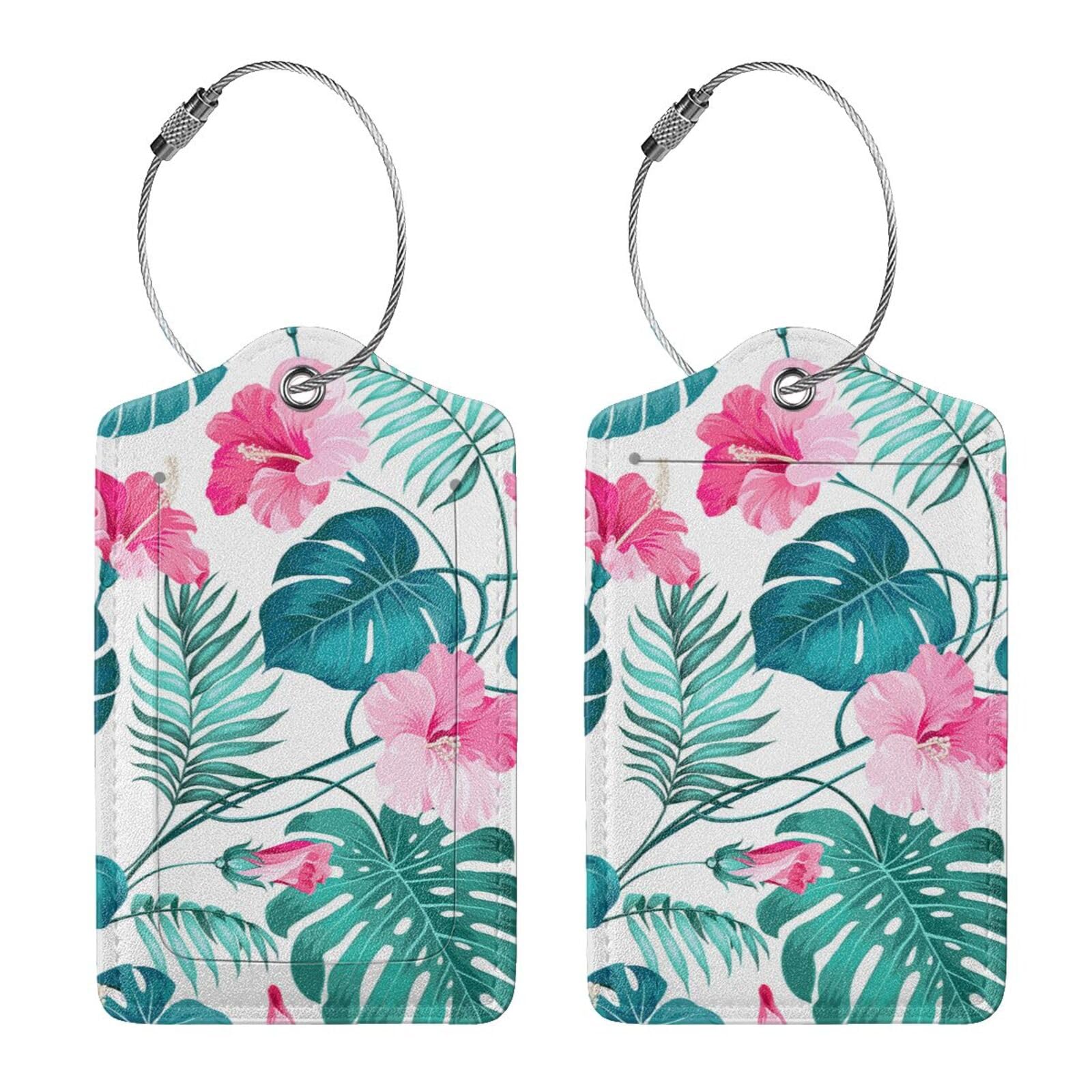 2 Pack Boho Tropical Flowers & Jungle Palm Trees Luggage Tags for Suitcases - Durable Steel Loop with Privacy Cover ID Label - Perfect Travel Accessories for Women, Men & Kids - Great Birthday Gift Idea for Beach Vacations & Tropical Trips