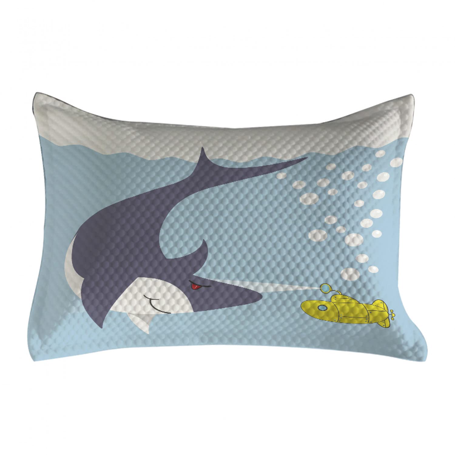Ambesonne Yellow Submarine Quilted Pillow Cover - Shark & Vessel Ocean Bubbles Underwater Cartoon Design - Standard Queen Size 30x20 Inch Blue Grey Yellow Accent Pillow Case for Bedroom, Living Room & Dorm Decor