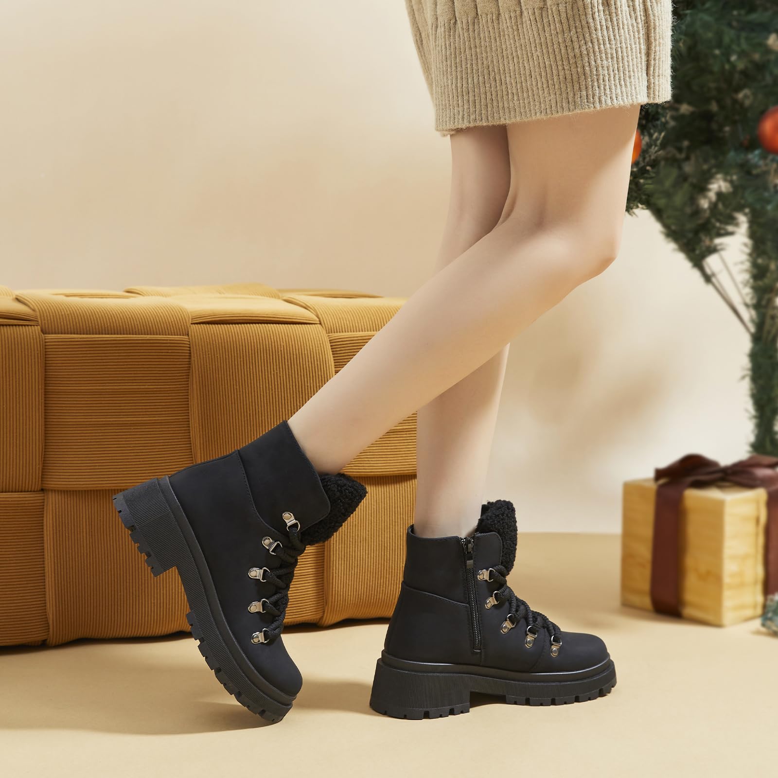 Kufeiti Women's Waterproof Combat Hiking Boots - Lace Up Platform Winter Boots with Side Zipper for Backpacking, Outdoor Adventures & Fashion Streetwear