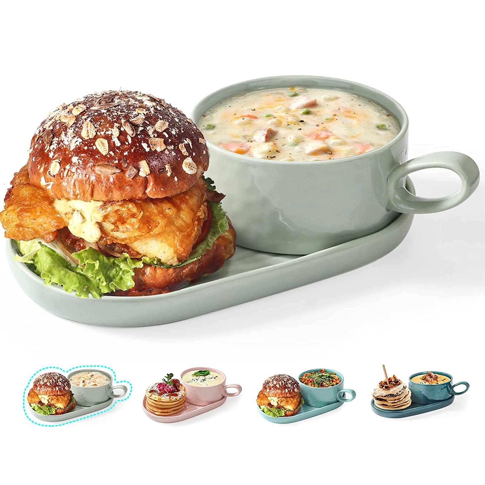 **Artena 6-Piece Solid Soup and Sandwich Plate Set with 6.75-inch Asian Soup Spoons – Perfect for Ramen, Pho, and Family Dining**