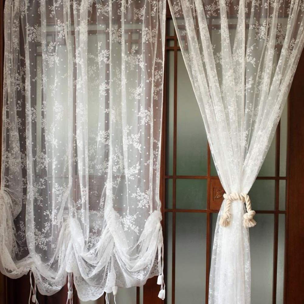 Elegant White Lace Embroidered Sheer Balloon Curtains - Adjustable Tie-Up Window Drapes with Floral Tulle Design (78