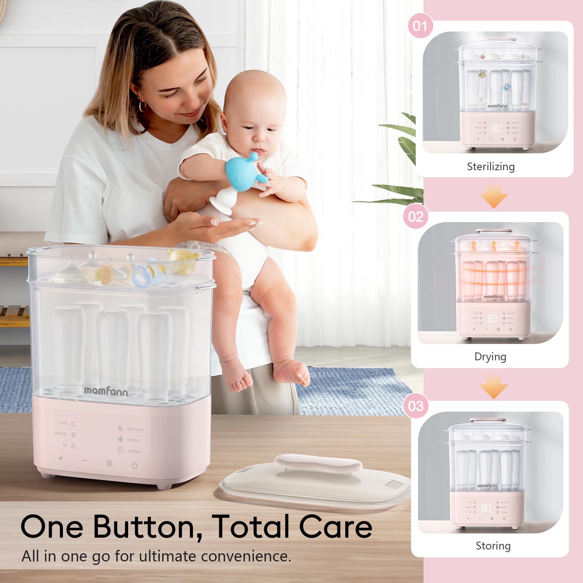 8-in-1 Electric Baby Bottle Sterilizer and Dryer | Steam Sterilizer for Bottles, Pacifiers & Breast Pump Parts | BPA-Free | Fast Drying | Perfect for Nursery, Daycare & Travel (Pink)