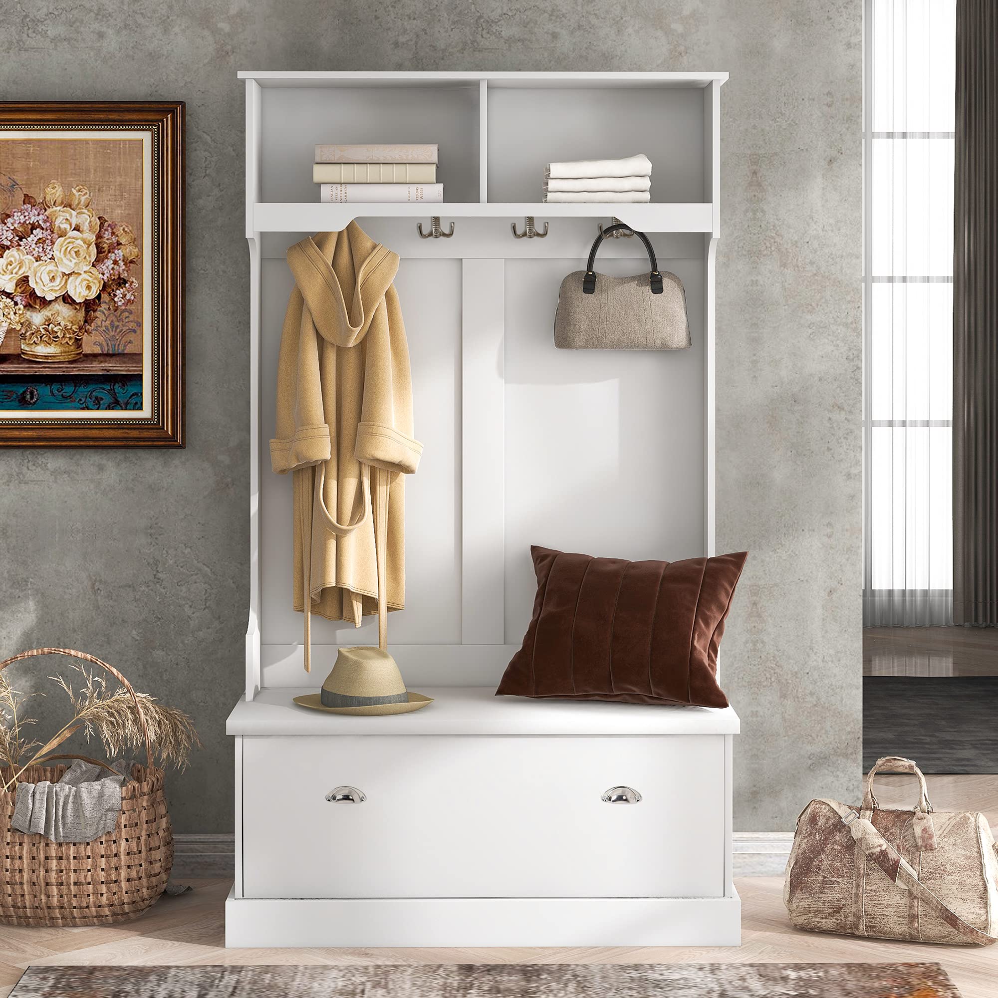 Hall Tree with Bench - Coat Hanger with 4 Hooks & Storage Cabinet - Entryway Shoe Bench with 2 Cubbies - Perfect for Hallway Organization & Small Space Entry Storage