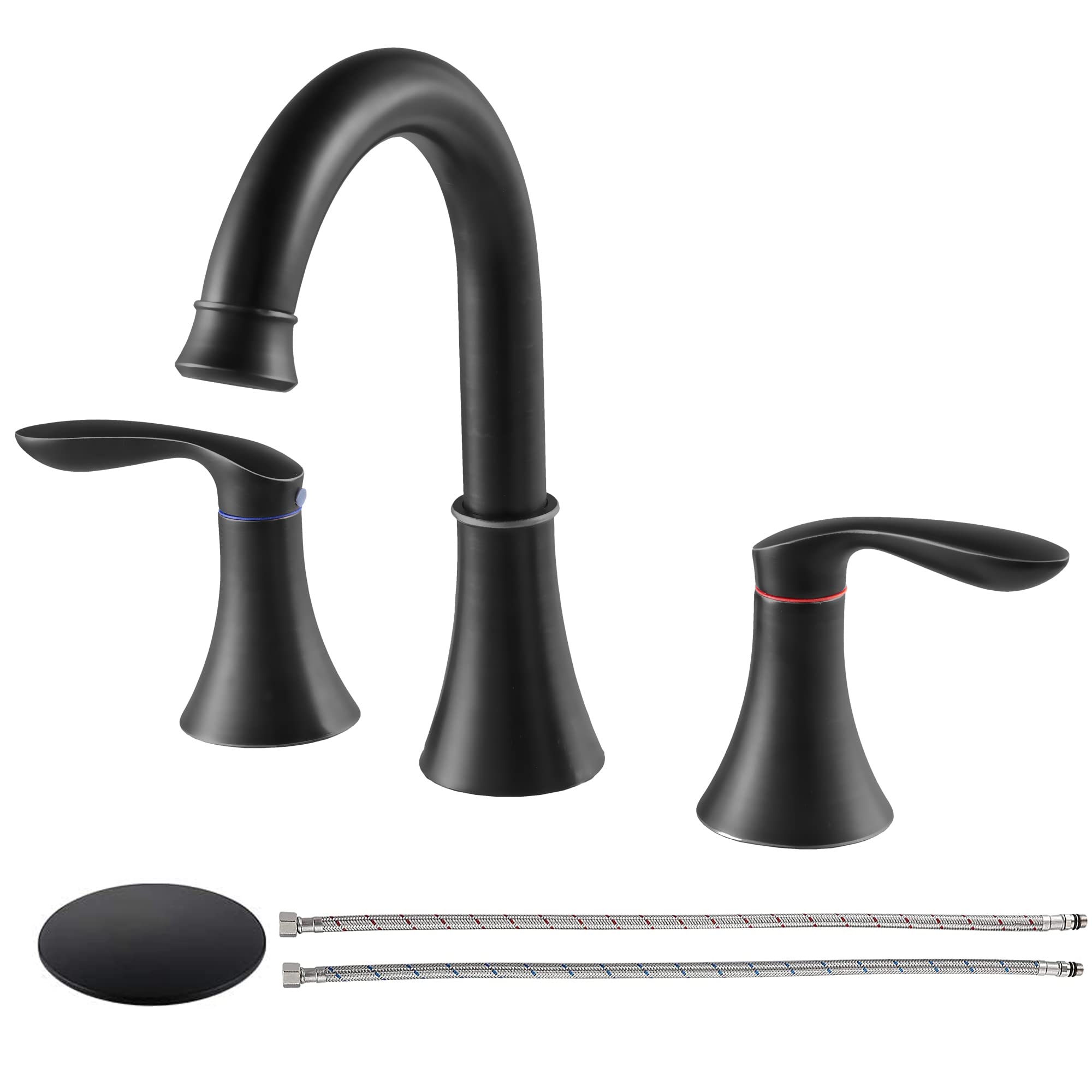 Friho 8 Inch Matte Black Widespread Bathroom Faucet - 2 Handle 3 Hole Lavatory Sink Faucet with Lead-Free Water Hoses & Pop-Up Drain - Perfect for Modern Vanity & Bathroom Renovation