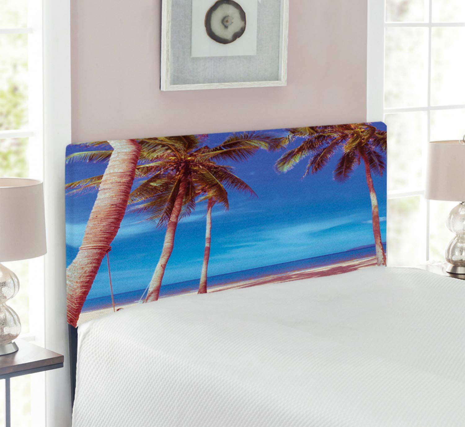 Ambesonne Beach Headboard - Tropical Hammock & Ocean Palms Design, Upholstered Metal Bed Frame with Memory Foam, Twin Size in Navy Cream Green - Perfect for Coastal Bedroom Decor & Summer Vacation Themed Rooms