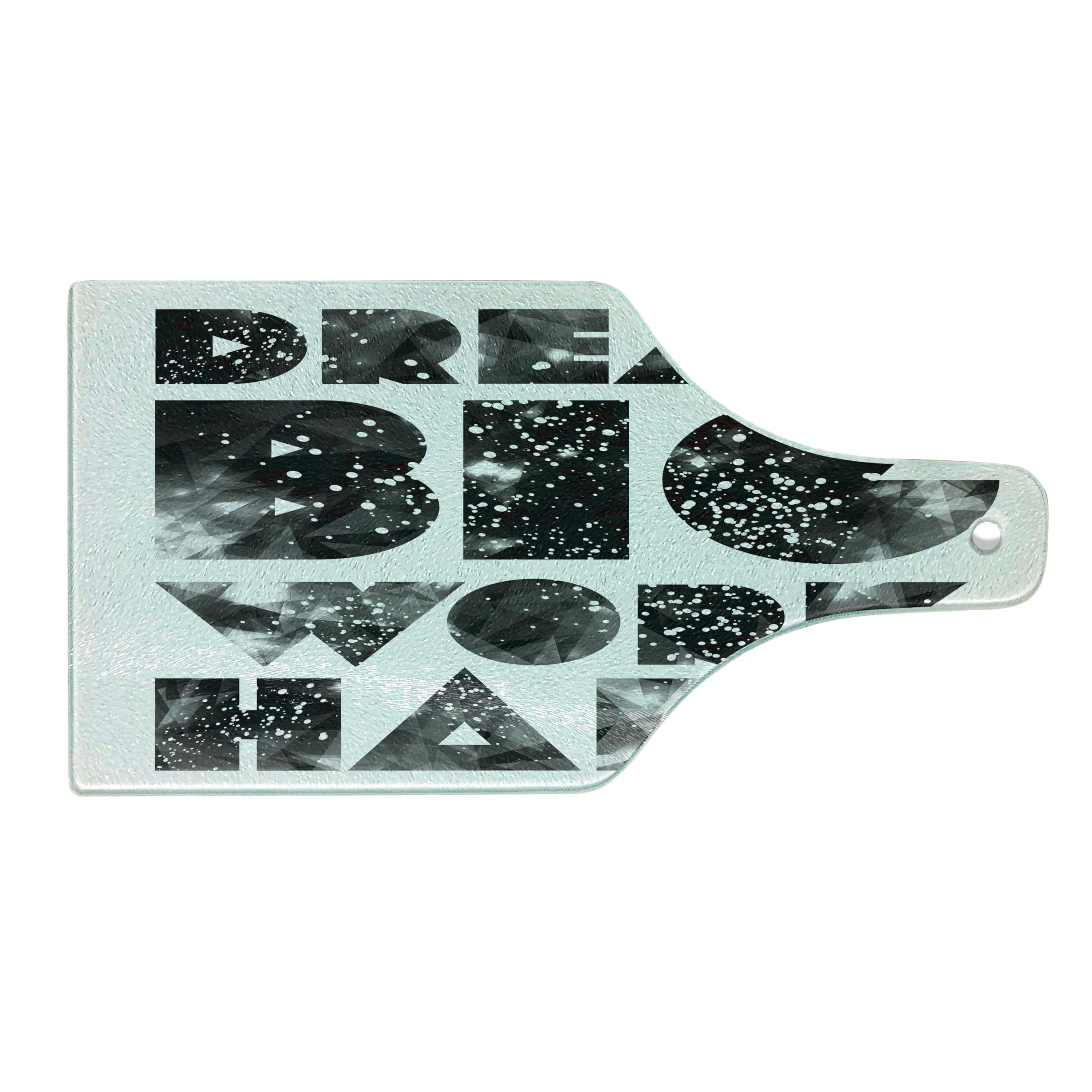 Ambesonne Galaxy Outer Space Themed Tempered Glass Cutting Board - Dream Big Work Hard Typography Design, Wine Bottle Shaped Serving Board for Kitchen & Entertaining (Black, Grey, White) | Perfect for Cheese Platters, Charcuterie Displays & Wine Pairing Parties