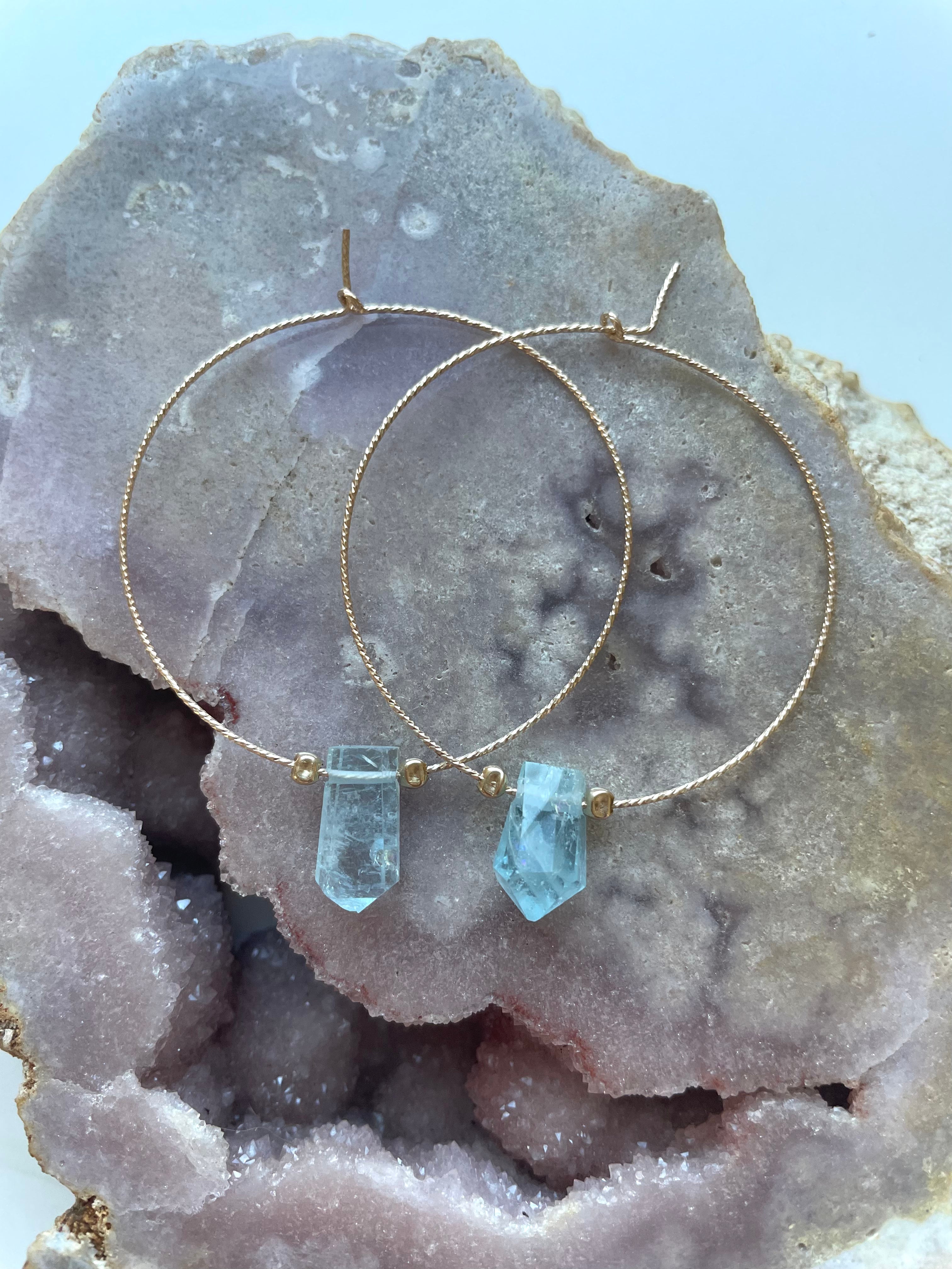Thin Aquamarine Boho Hoop Earrings - 14K Gold Filled Dainty Jewelry for Women - Perfect for Beach Weddings & Boho Fashion
