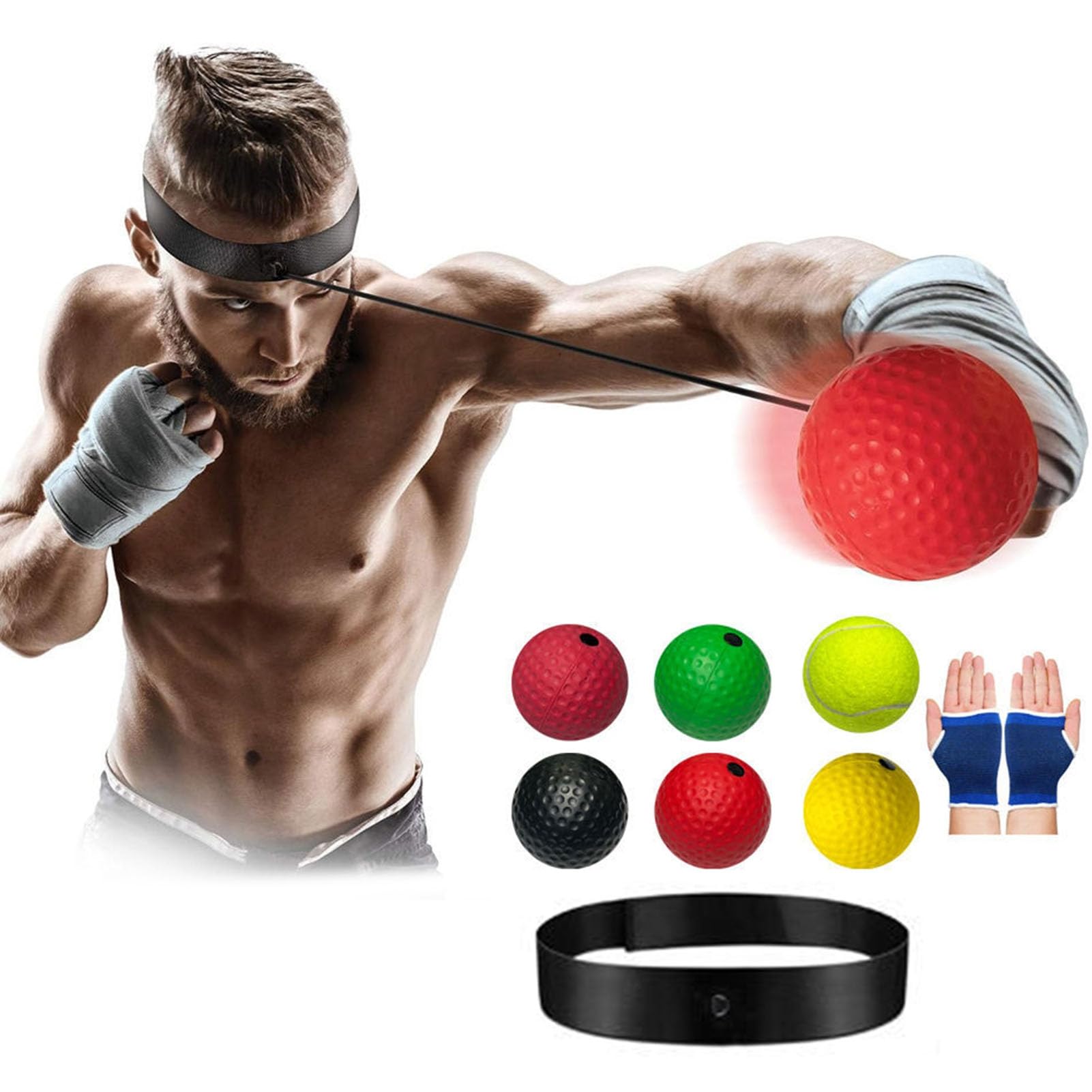 Boxing Reflex Balls Set of 5 - Sports Reaction Training Balls with Adjustable Headband, 3 Box Balls & Gloves - Improve Speed, Hand-Eye Coordination for Men & Kids - Perfect for Boxing Training, Fitness Workouts, and Reaction Speed Drills at Home or Gym