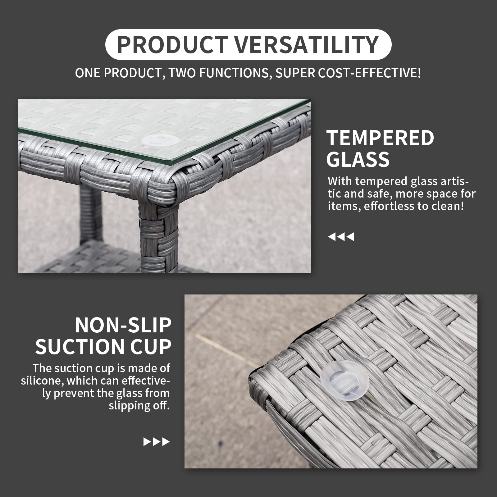 Outdoor PE Wicker Side Table with Glass Top - 2-Tier Rattan Coffee Table for Patio, Garden, Balcony & Living Room - Grey Square End Table Furniture for Relaxing & Entertaining