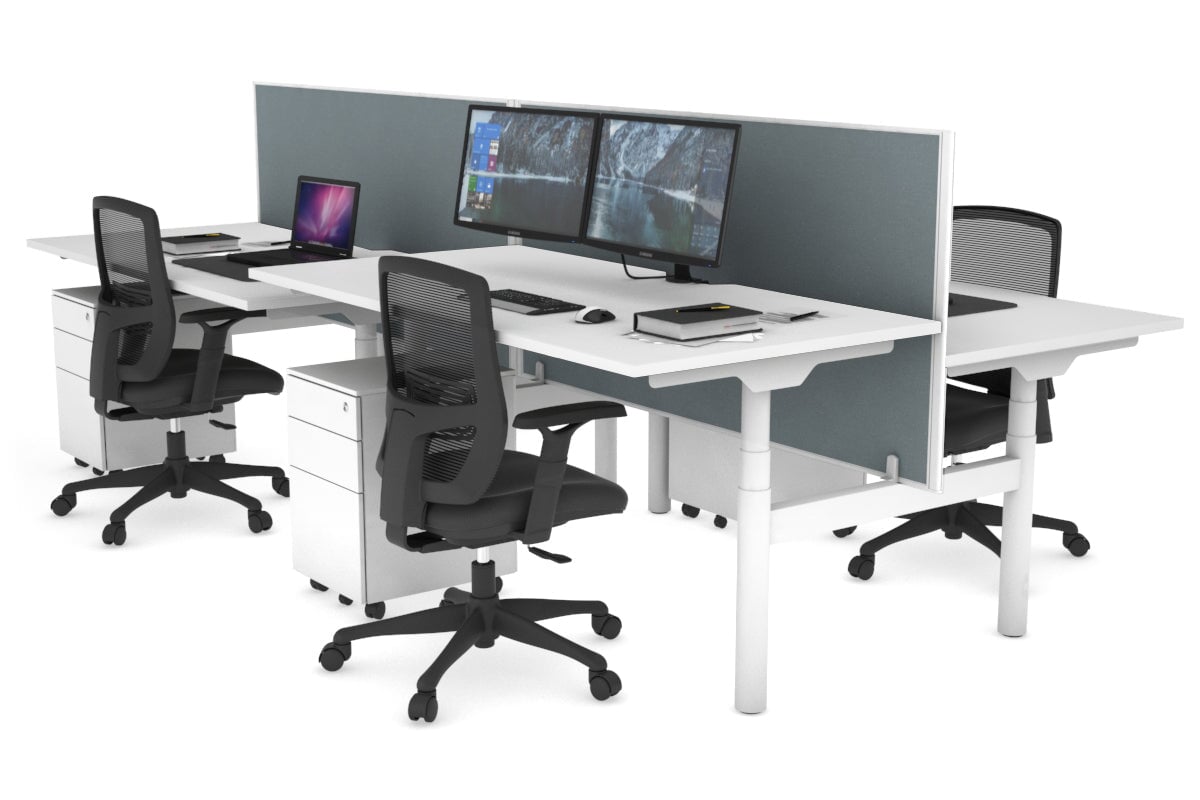 Flexi Premium Height Adjustable 4-Person H Bench Workstation - White Frame [1200L x 800W with Cable Management] - Ideal for Office, Coworking Spaces & Collaborative Work Environments