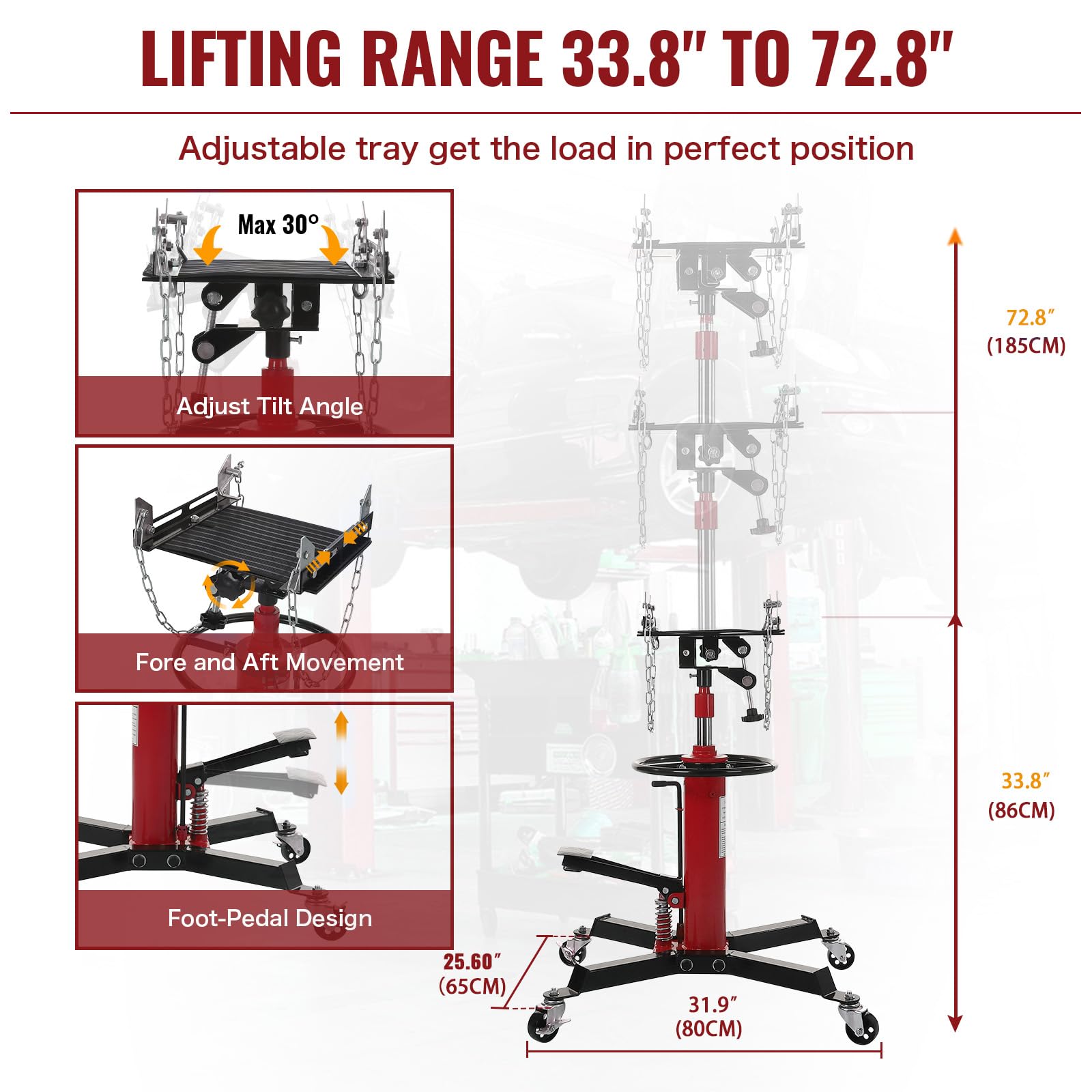 GARVEE 1322lbs Heavy Duty Transmission Jack Lift with Anti-Slip Rubber Pad, Adjustable Telescoping Hydraulic Transmission Jack for Car Repair, High Lift Single Telescopic Jacks Hoist with Pedal, 33.8