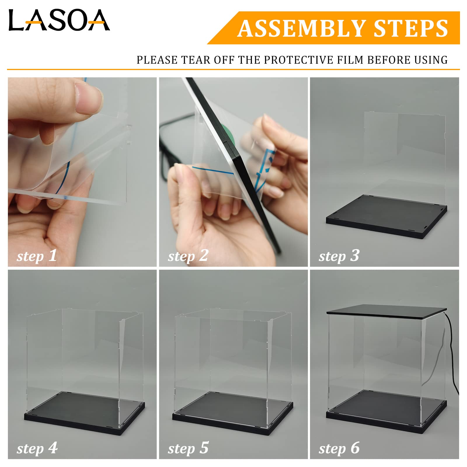 LASOA Acrylic Display Case with LED Lights - 12x12x12 Inch Clear Collectible Showcase Box for Figurines, Memorabilia & Action Figures - Black Base & Lid, Easy Self-Assembly - Perfect for Home Decor, Office Display & Gift Presentation (30x30x30cm)