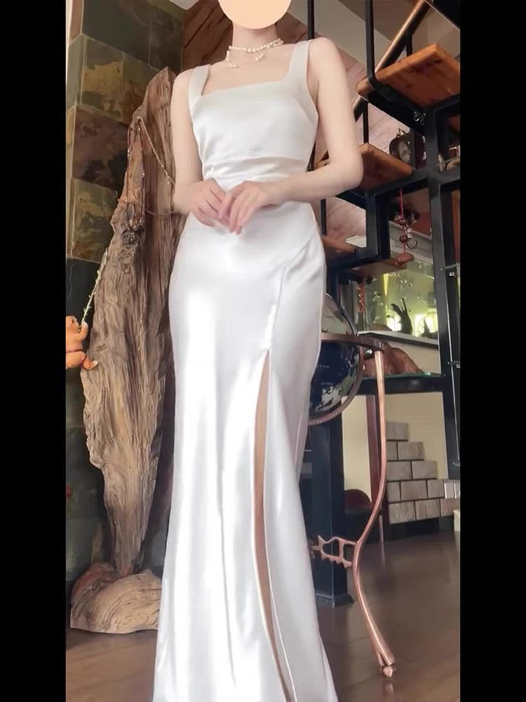 Elegant White Sheath Long Prom Dress with High Slit - Formal Evening Gown for Wedding, Homecoming, and Special Occasions - Style J3663