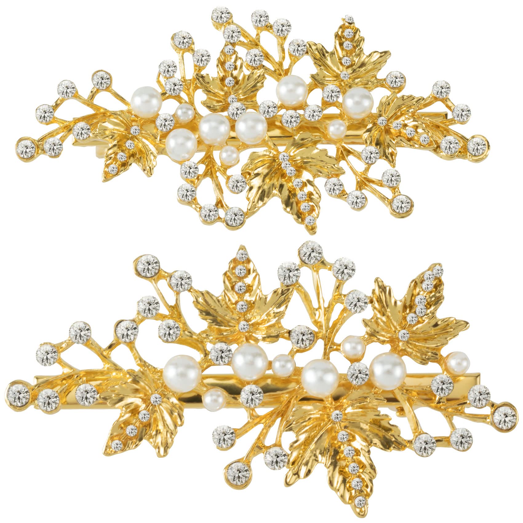 PAGOW 2Pcs Rhinestone Pearl Hair Clips - Gold Leaf Crystal Flower Wedding Headpiece for Brides, Women & Girls | Perfect for Bridal Showers, Weddings, Prom & Special Occasions