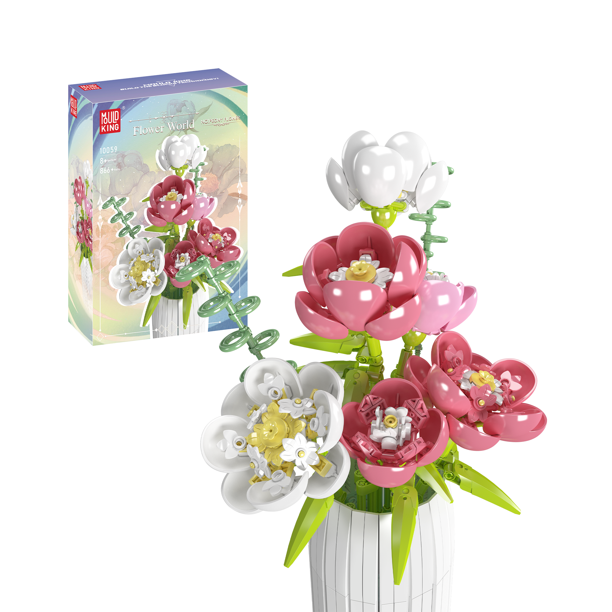 Mould King 10059 Peony Flowers Bouquet Building Set - 866 PCS DIY Floral Arrangement Kit for Home Decor, Wedding Centerpieces & Gift Ideas