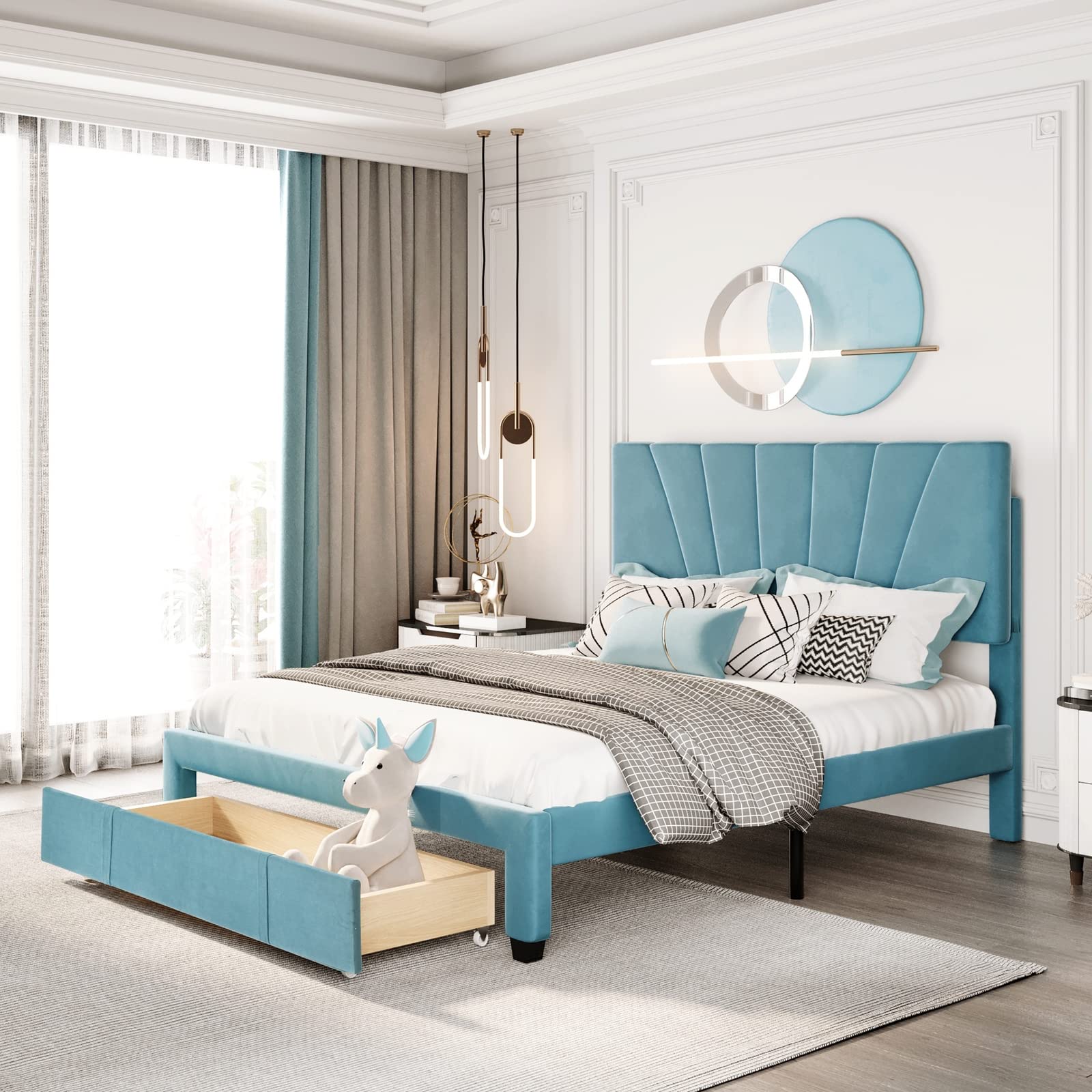 **Tabaray Queen Size Storage Bed Frame - Velvet Upholstered Platform Bed with Large Drawer & Tufted Headboard, Easy Assembly (Blue) | Perfect for Small Bedrooms, Guest Rooms & Modern Apartments**
