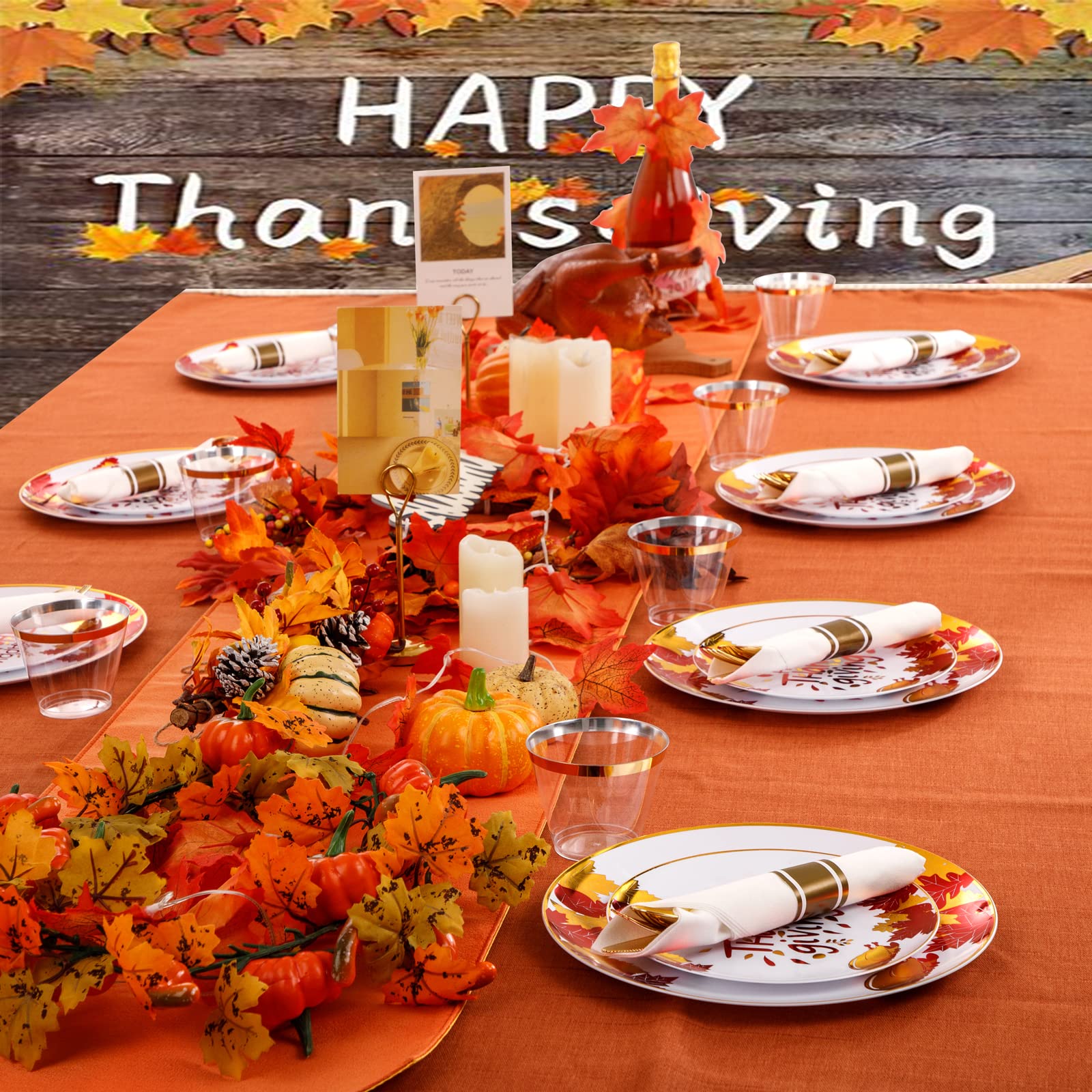175-Piece Thanksgiving Plastic Dinnerware Set - Gold Disposable Plates, Dessert Plates, Napkins & Cups for Holiday Parties, Family Gatherings & Festive Celebrations