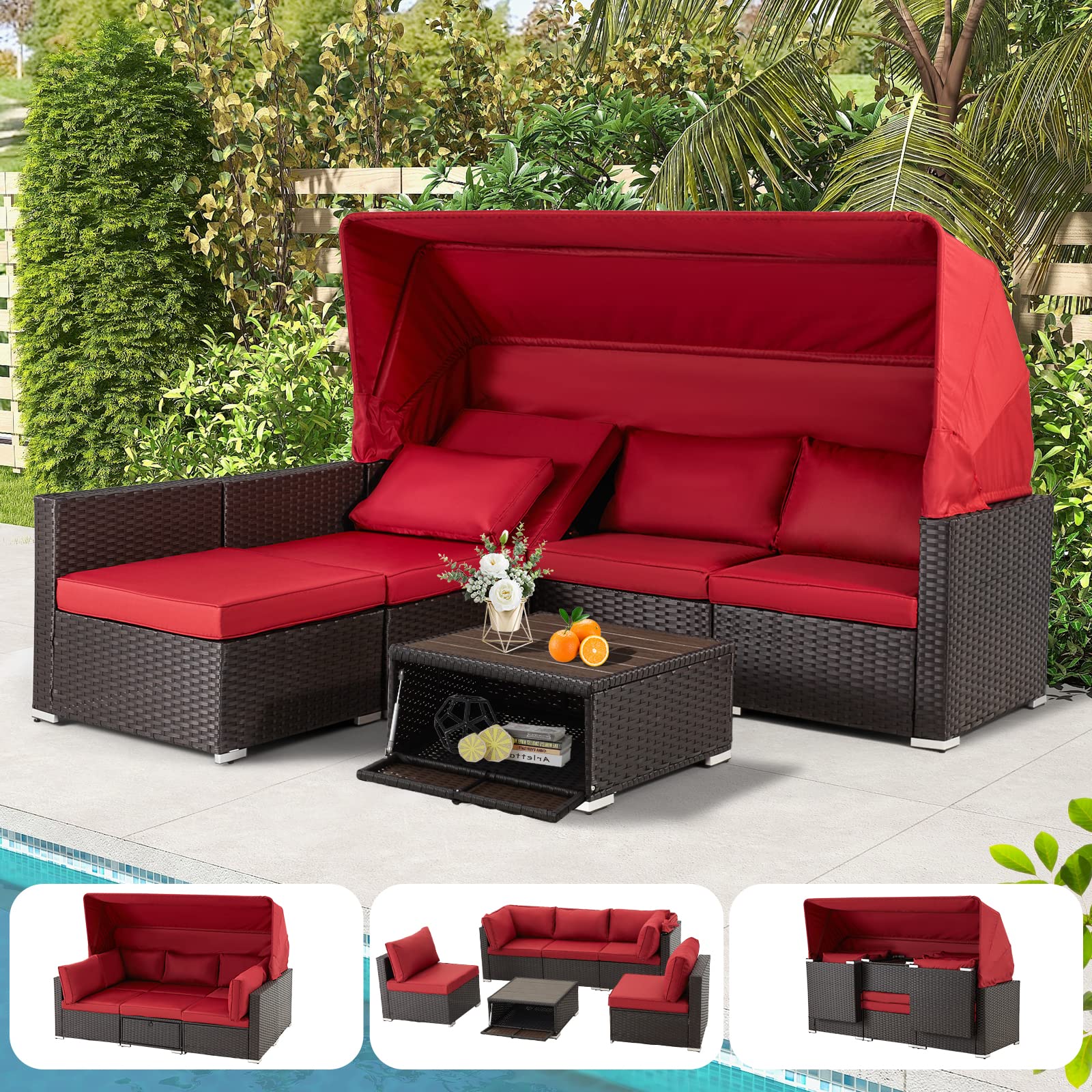 HOMREST 6-Piece Patio Furniture Set - Rattan Daybed with Retractable Canopy, Outdoor Sectional Sofa with Adjustable Backrest, Chaise Lounge Sunbed for Garden, Poolside, Backyard (Wine Red) | Perfect for Relaxing, Sunbathing & Outdoor Entertaining