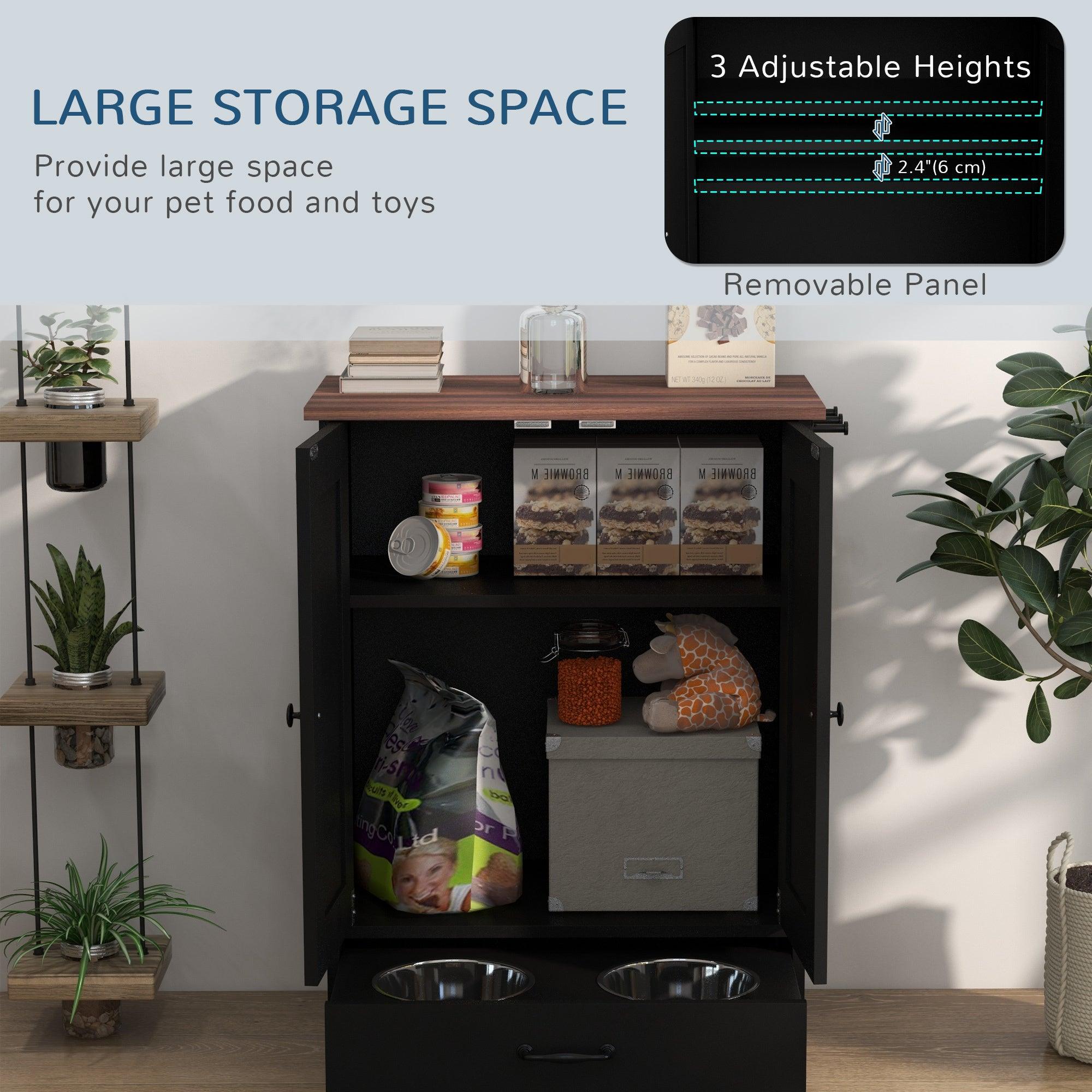 Premium Dog Feeding Station with Hidden Bowls & Adjustable Panel - Food Storage Cabinet for Medium Dogs with Hooks - Black - Perfect for Kitchen, Laundry Room or Pet Corner Organization