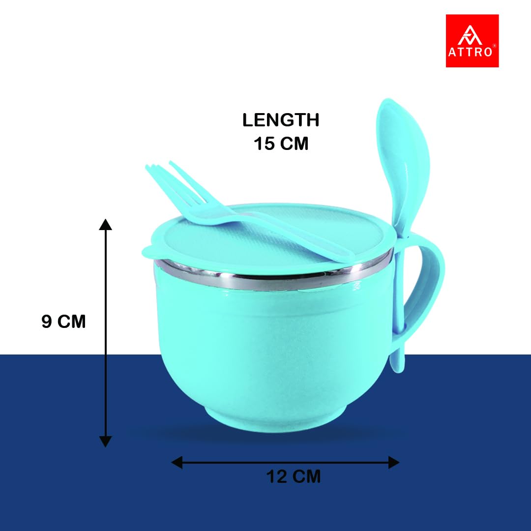 Attro 500ml Stainless Steel Noodle Bowl with Spoon Holder - Lightweight, Stackable, Durable Soup Bowl for Ramen, Maggi & Instant Noodles - Perfect for Camping, Dorm Rooms & Office Lunch (Blue)