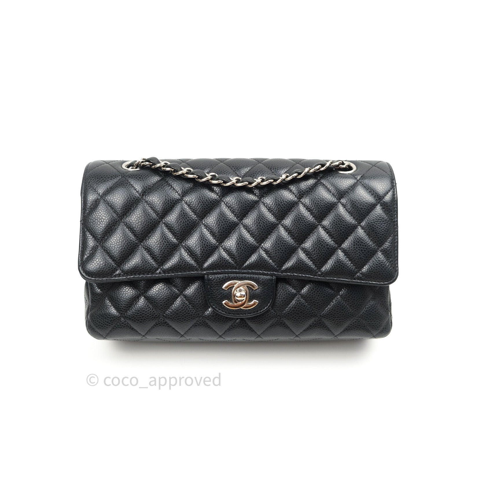 Chanel Classic Medium Double Flap Bag Black Caviar Leather with Silver Hardware - Luxury Shoulder Bag for Women, Perfect for Work, Parties & Special Occasions