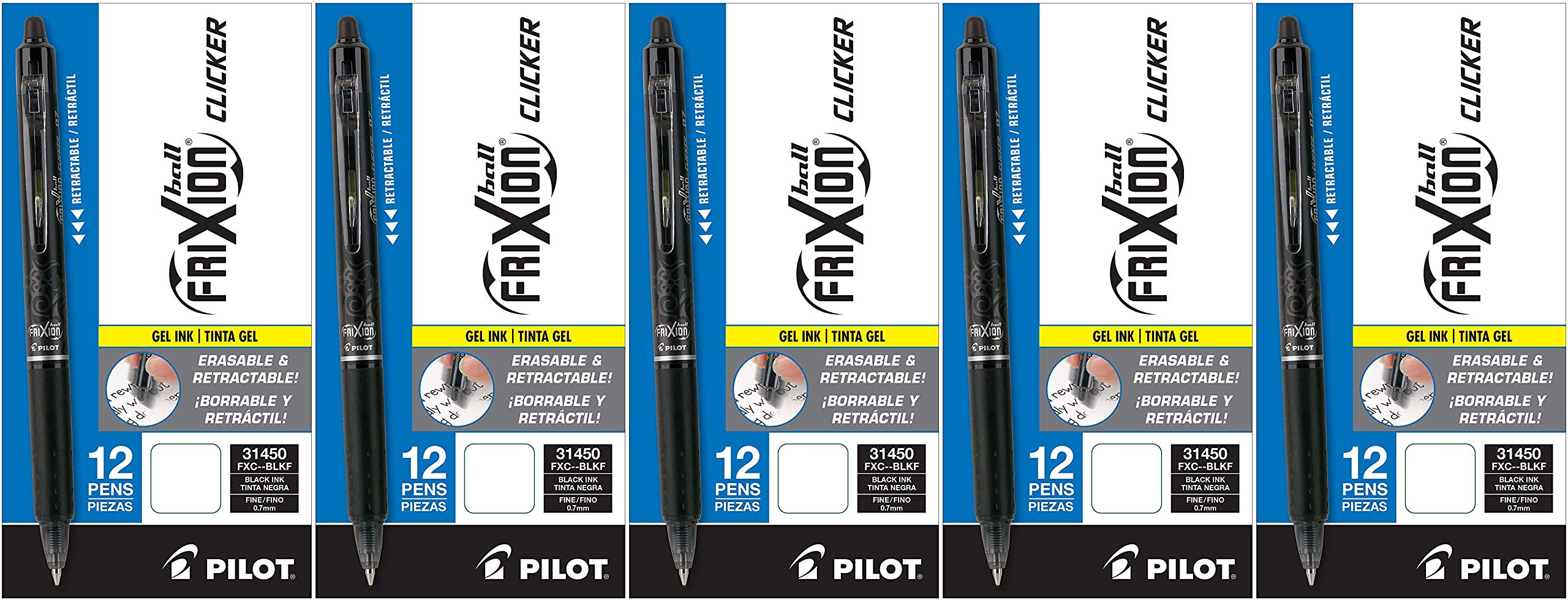 PILOT FriXion Clicker Erasable & Refillable Retractable Gel Pens - Fine Point 0.7mm Black Ink, 12-Pack (5 Pack Bulk) - Perfect for School, Office, Note Taking & Planner Writing