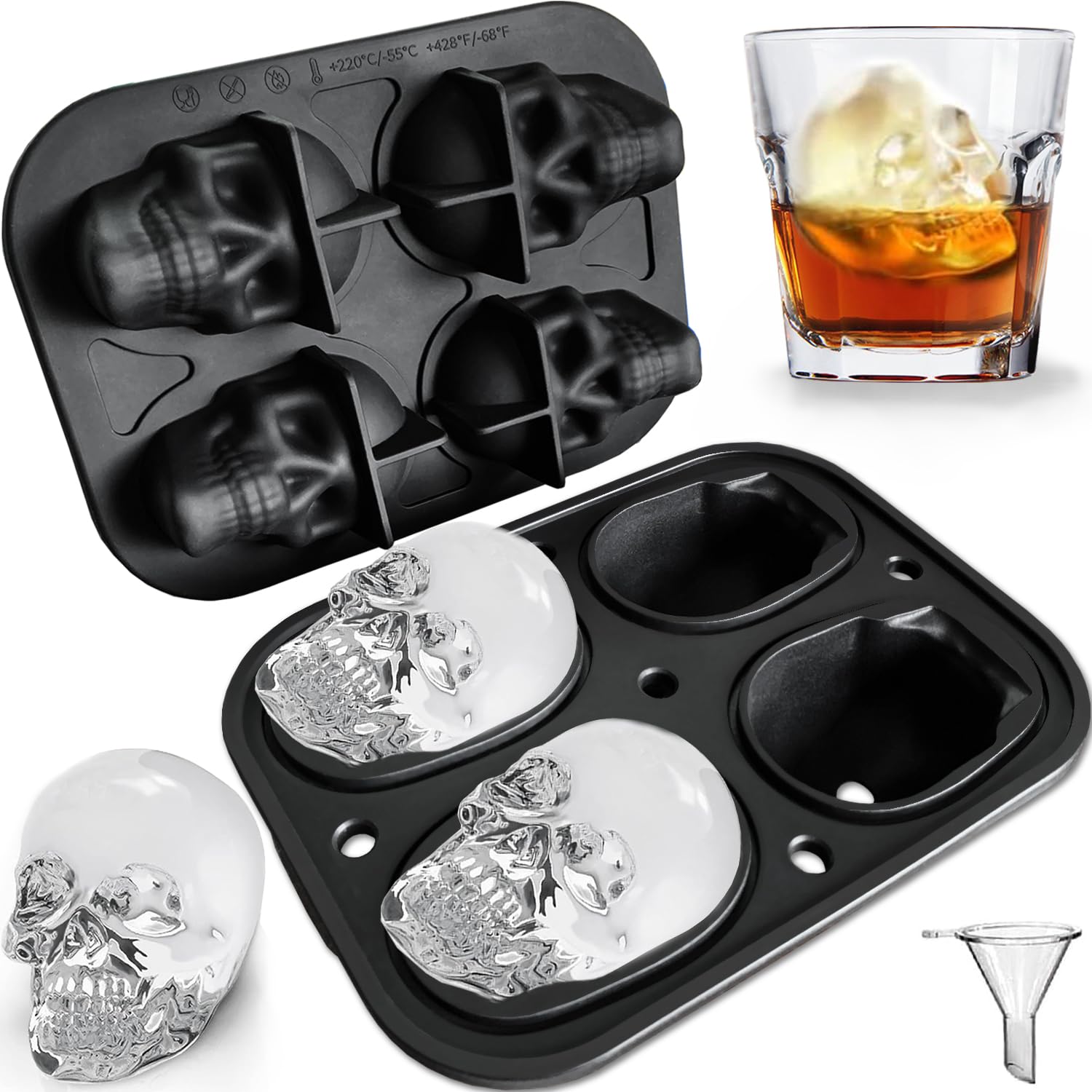 JETKONG Large Skull Ice Mold - 4 Cavity Silicone Ice Cube Tray for Whiskey, Bourbon, Cocktails & Juice - Perfect for Halloween Parties, Themed Drinks & Home Bars