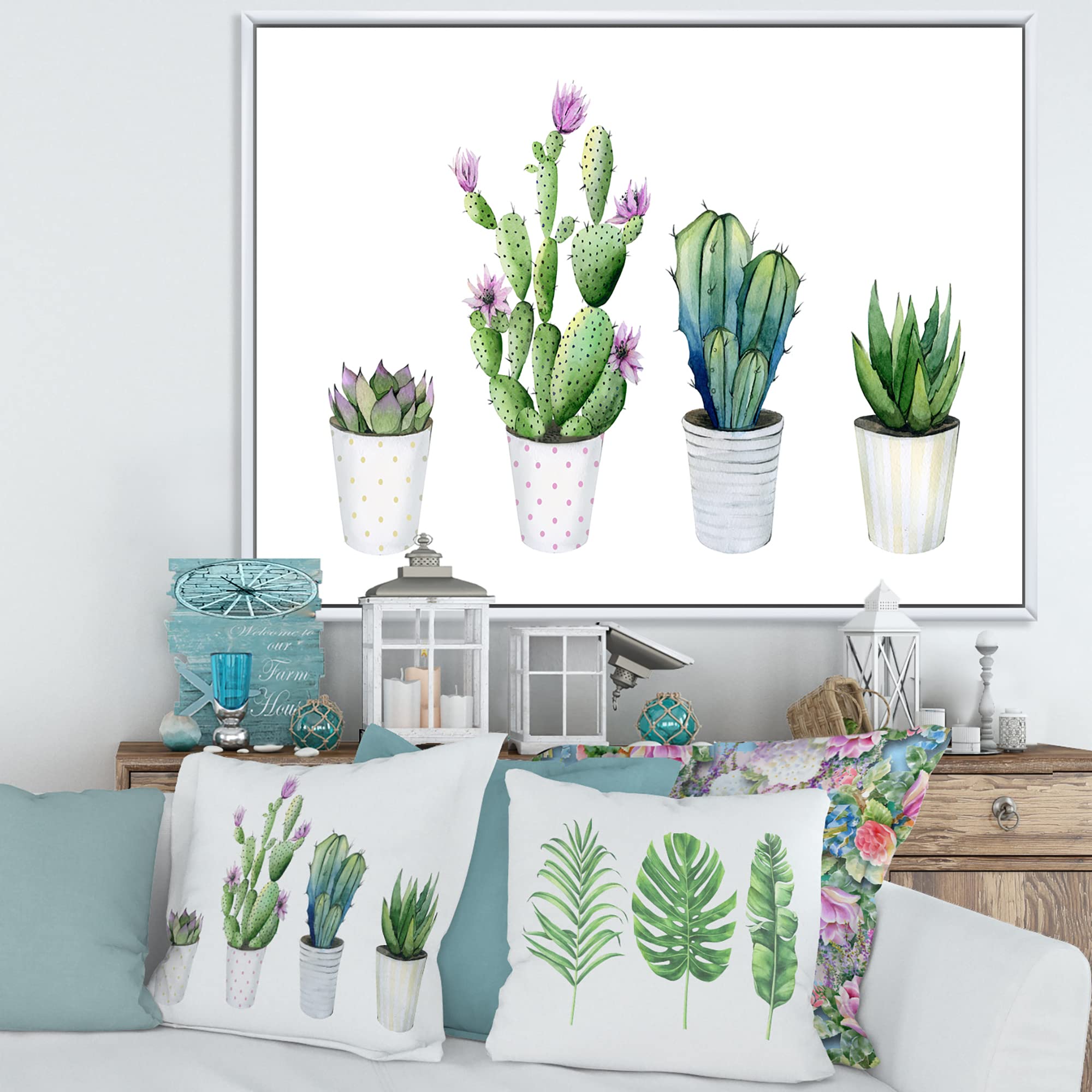 DesignQ Cactus Succulent Aloe Vera Potted Plants - Farmhouse Style Framed Canvas Wall Art Print for Home & Office Decor