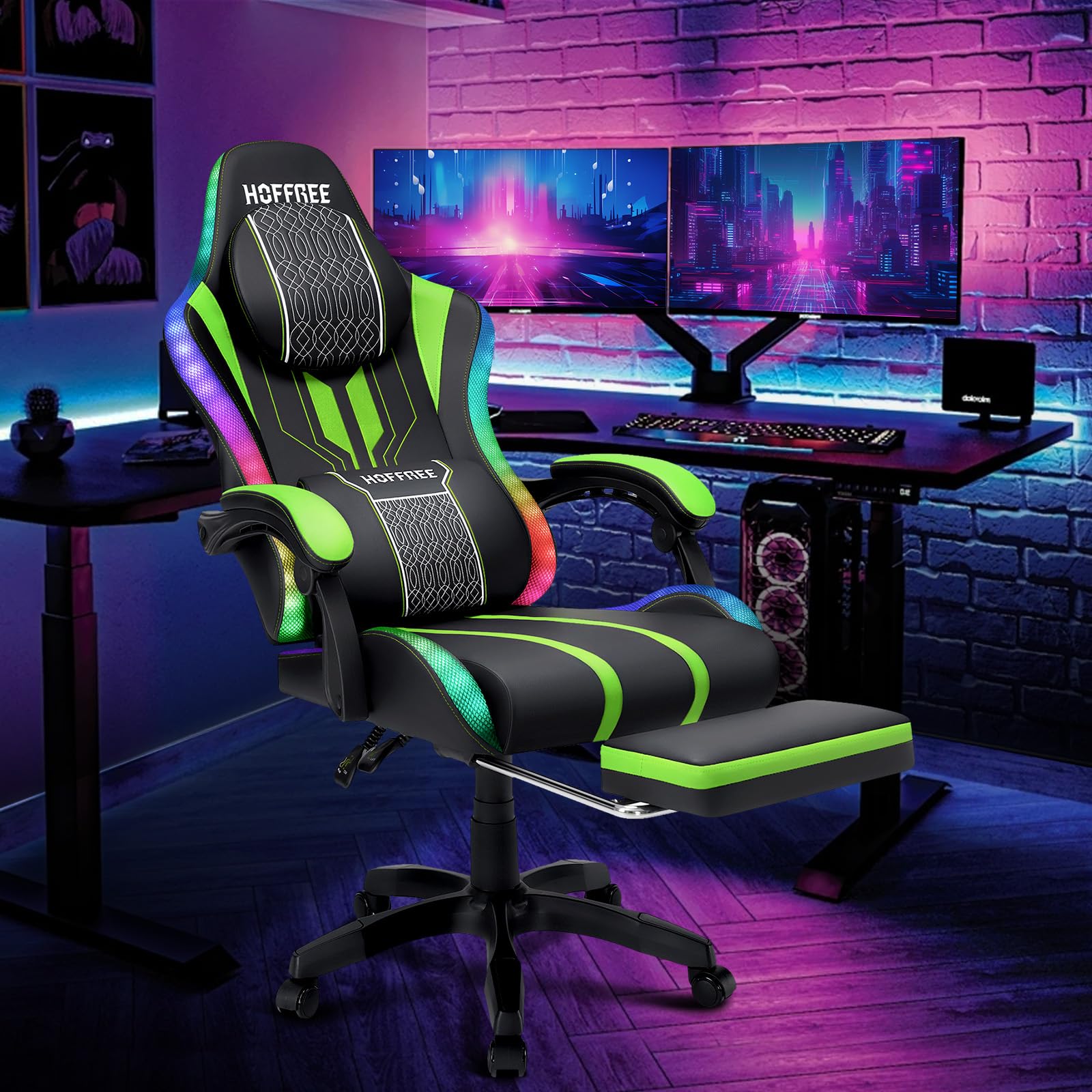 HOFFREE LED Gaming Chair with Massage & Speakers - Big and Tall Reclining Computer Desk Chair with Footrest - Supports 400lbs - Green and Black - Perfect for PC Gaming, Office Work, and Home Entertainment