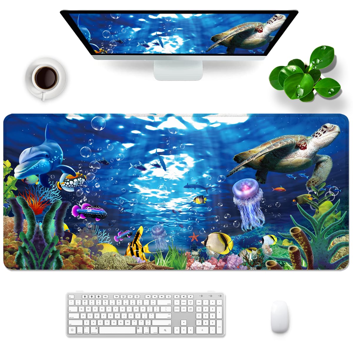Extra Large Gaming Mouse Pad 35.5x15.8 Inch - Blue Underwater World Turtle Design XXL Mouse Mat for PC, Laptop & Office Desk - Perfect for Gamers, Work & Home Office Setup
