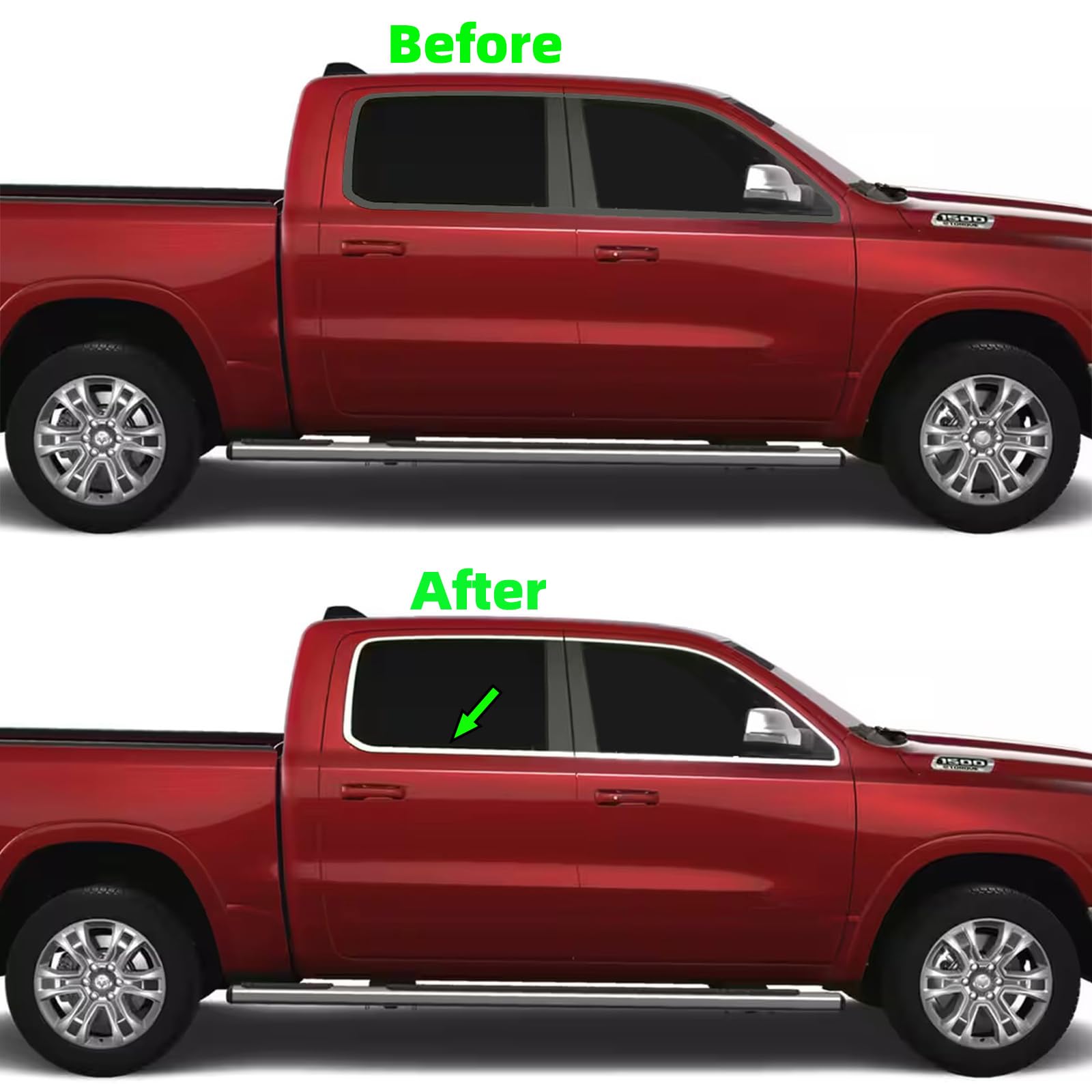 Premium Polished Stainless Steel Window Sill Trims for 2019-2025 Ram 1500 Crew Cab 4-Door Model - Durable Exterior Protection & Stylish Upgrade for Truck Windows