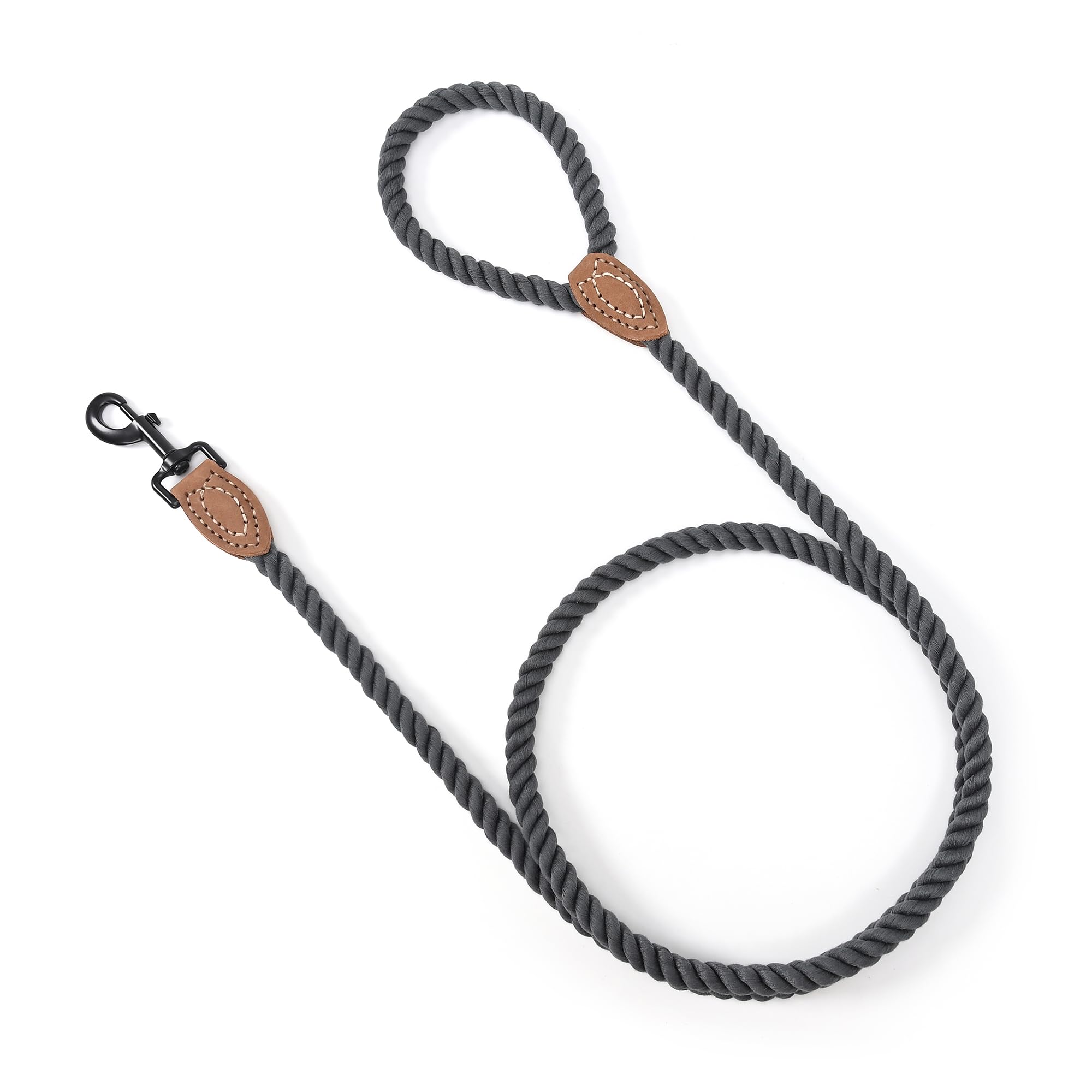 Premium Braided Cotton Rope Dog Leash with Leather Tip - Heavy Duty 4ft Pet Leash with Metal Clasp for Walking, Training & Weddings (Dark Grey, 48 Inches) - Durable Outdoor & Indoor Dog Accessory