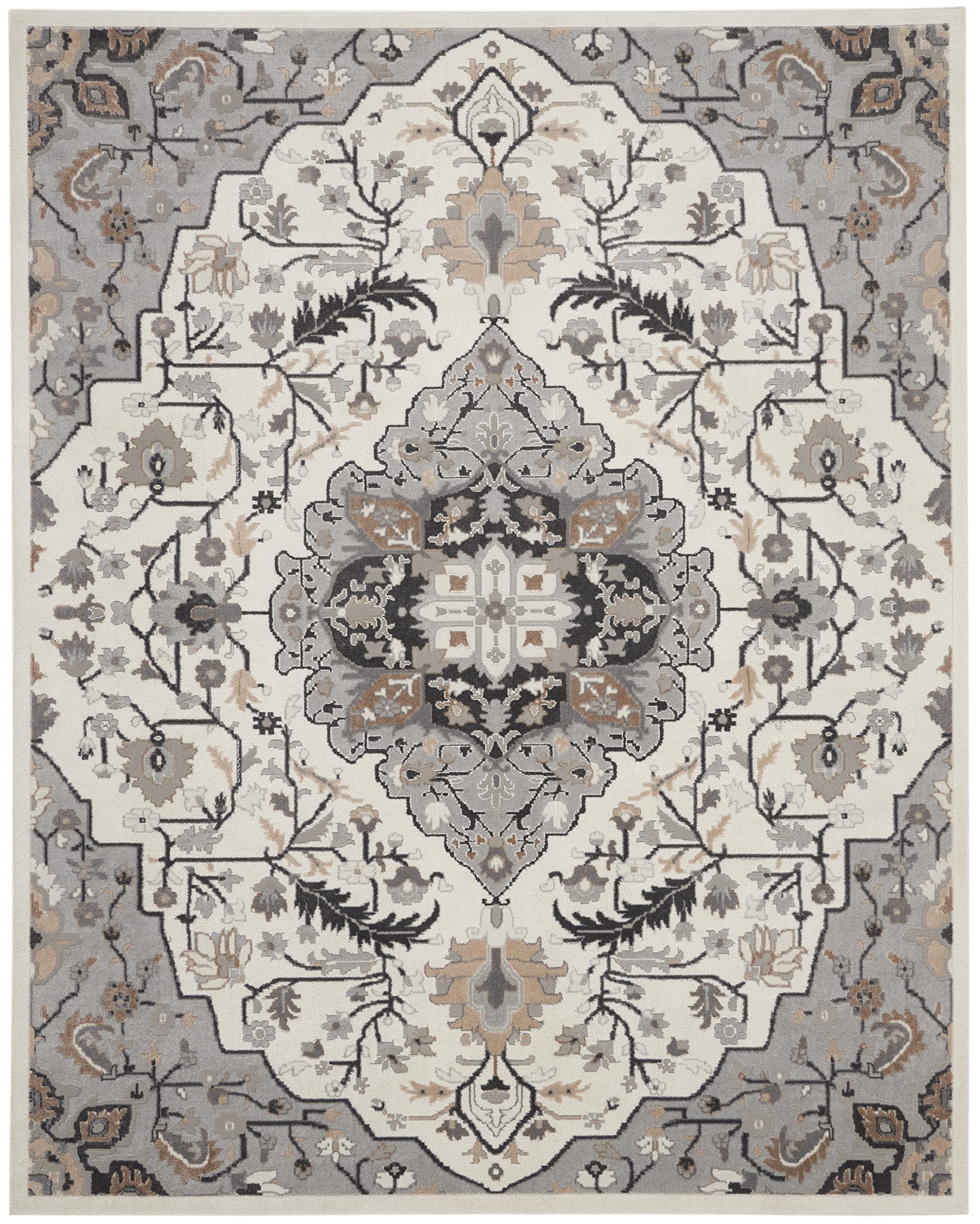 Nourison Elation Floral Ivory Grey 8x10 Area Rug - Easy Clean, Non-Shedding, Stain Resistant for Bedroom, Living Room & Dining Room | Soft & Durable for Home Decor, Perfect for High Traffic Areas & Cozy Spaces