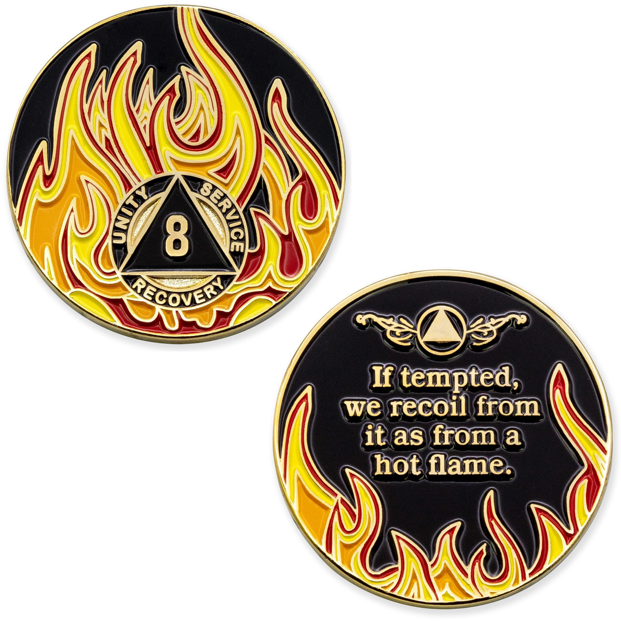 8 Year Twisted Flames Gold Plated AA Recovery Medallion/Chip - Black/Red/Orange/Yellow | Sobriety Gift for Alcoholics Anonymous, NA, 12 Step Programs | Motivational Token for Meetings & Milestones