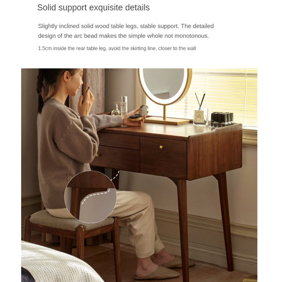 Premium Black Walnut & Ash Solid Wood Dressing Table - Elegant Vanity Desk with Mirror for Bedroom, Bathroom & Makeup Area | Natural Wood Finish, Spacious Storage & Durable Construction