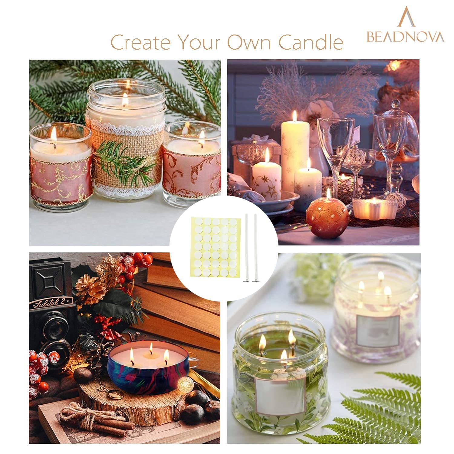 BEADNOVA 4 Inch Cotton Candle Wicks 100pcs with Stickers - DIY Candle Making Supplies for Home, Gifts, and Craft Projects