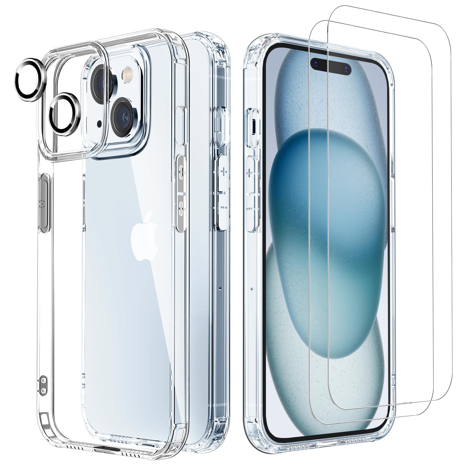5 in 1 iPhone 15 Plus Clear Case with Screen Protector (2 Pack) + Camera Lens Protector (2 Pack) - Military Grade Drop Protection, 6.7 Inch Transparent Cover - Perfect for Everyday Use, Travel & Outdoor Activities