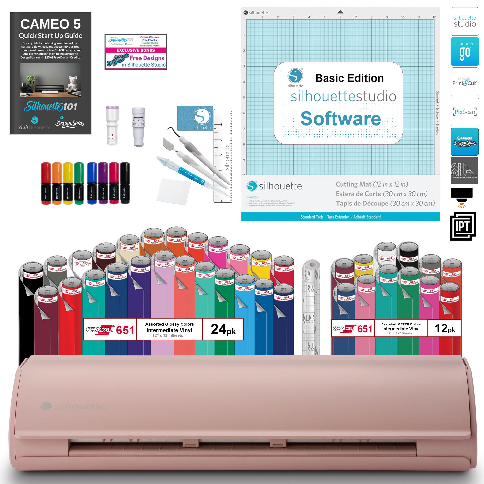 Silhouette Cameo 5 Vinyl Cutting Machine Bundle - 36 Sheets Premium Vinyl, Tool Kit, Blade, Pens & Startup Guide with Bonus Designs (Matte Pink) | Perfect for DIY Crafts, Home Decor, Scrapbooking & Personalized Gifts
