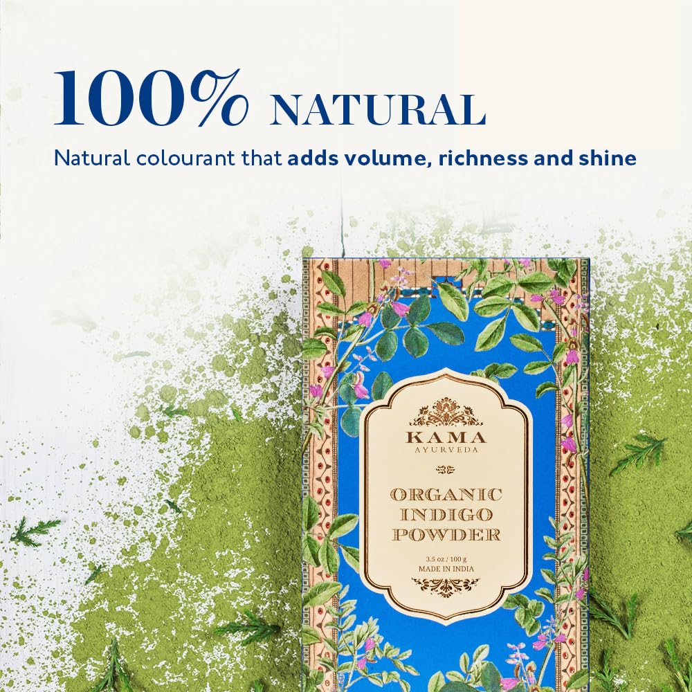 Organic Indigo Powder by Kama Ayurveda - 100g | Natural Hair Dye for Gray Coverage & Hair Growth | Perfect for DIY Hair Coloring at Home