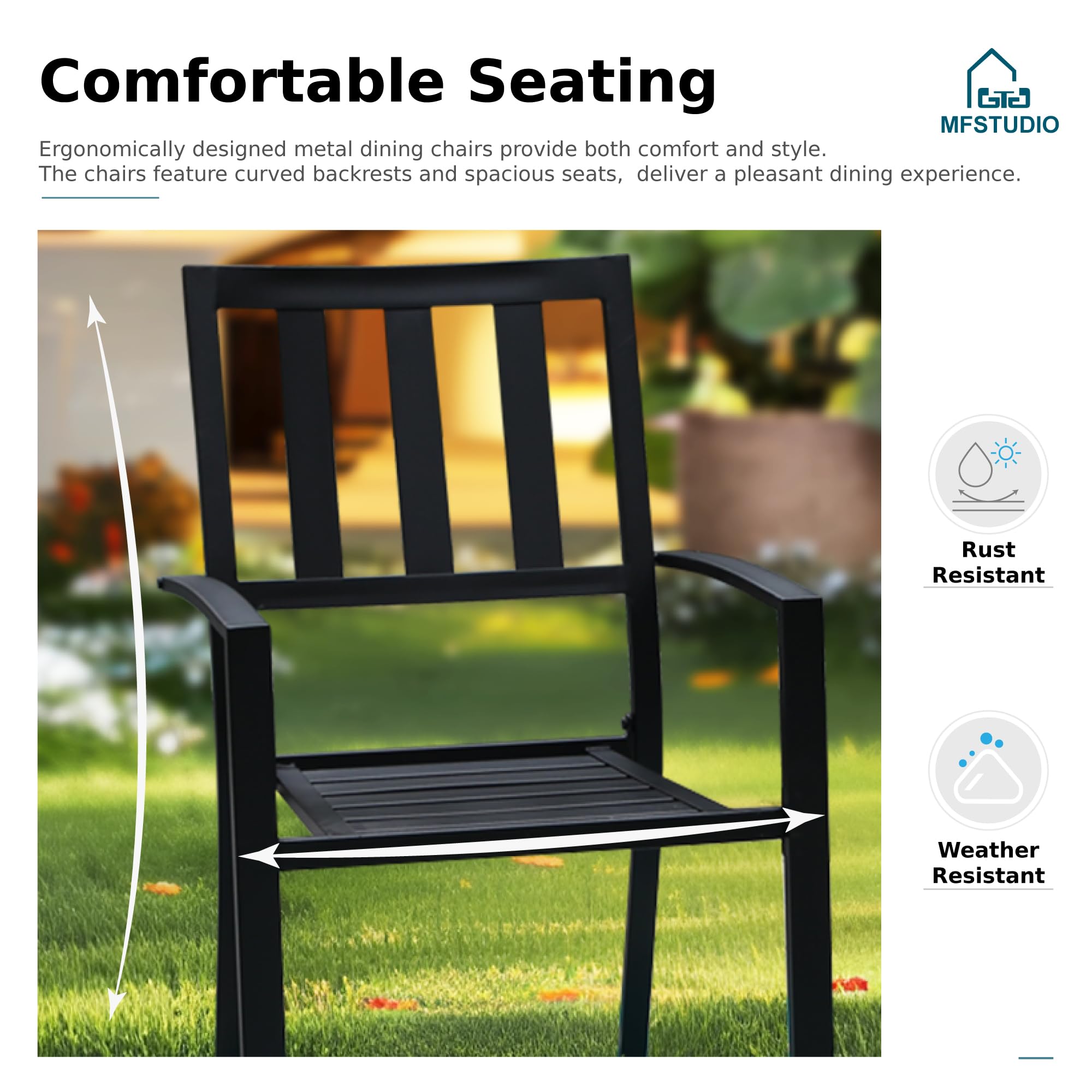 MFSTUDIO 5-Piece Outdoor Patio Dining Set - Black Metal Square Table with 4 Stackable Chairs & 1.57