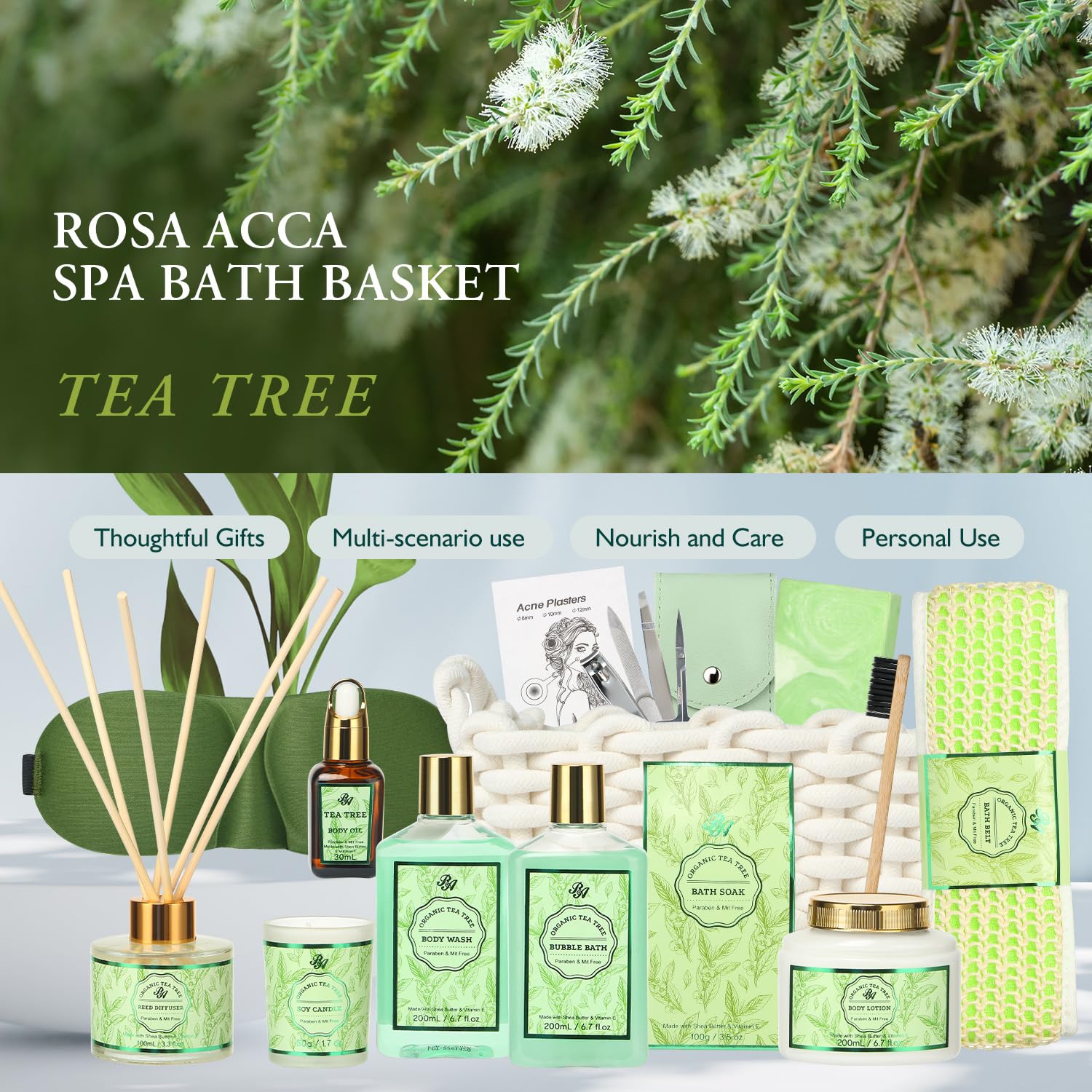 15-Piece Tea Tree Scented Spa Gift Set for Women - Includes Body Wash, Bubble Bath, Bath Soak & Manicure Set | Perfect Christmas, Birthday & Mother's Day Gifts for Her | Relaxing At-Home Spa Experience