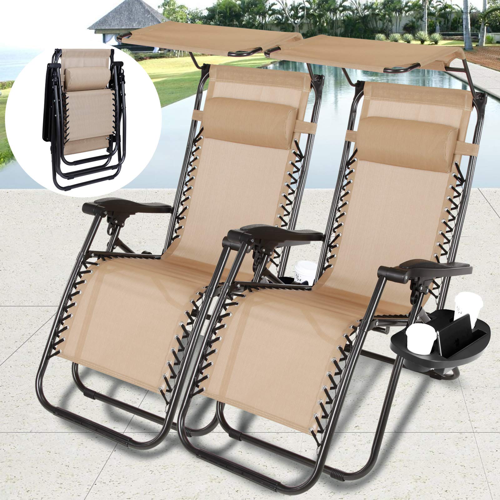 2 Pack Adjustable Zero Gravity Lounge Chair with Pillow & Canopy Shade - Portable Folding Recliner for Outdoor, Patio, Beach, Pool, Camping & Backyard Relaxation (Tan) - Perfect for Sunbathing, Reading & Lounging