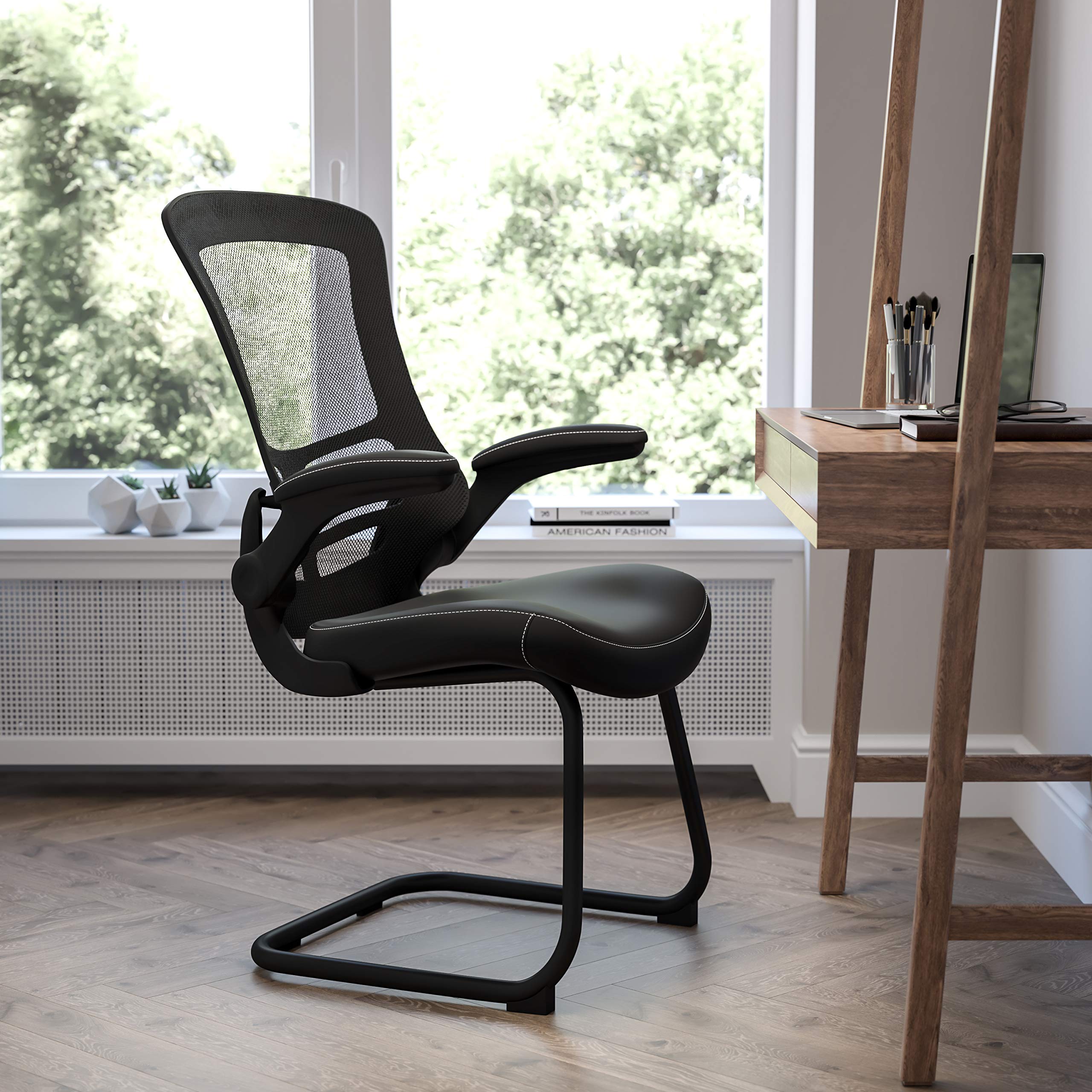 EMMA + OLIVER Black Mesh Sled Base Side Reception Chair with LeatherSoft Seat & Flip-Up Arms - Modern Office Waiting Room Furniture for Lobby, Conference Room & Guest Seating