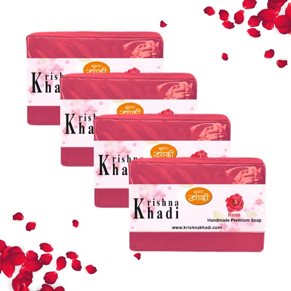 Krishna Khadi Premium Rose Soap Bar (Pack of 4) 125g | 100% Natural, Gentle & Moisturizing | Handmade Ayurvedic Bath Soap for Dry & Sensitive Skin | Perfect for Daily Skincare & Relaxing Bath Time