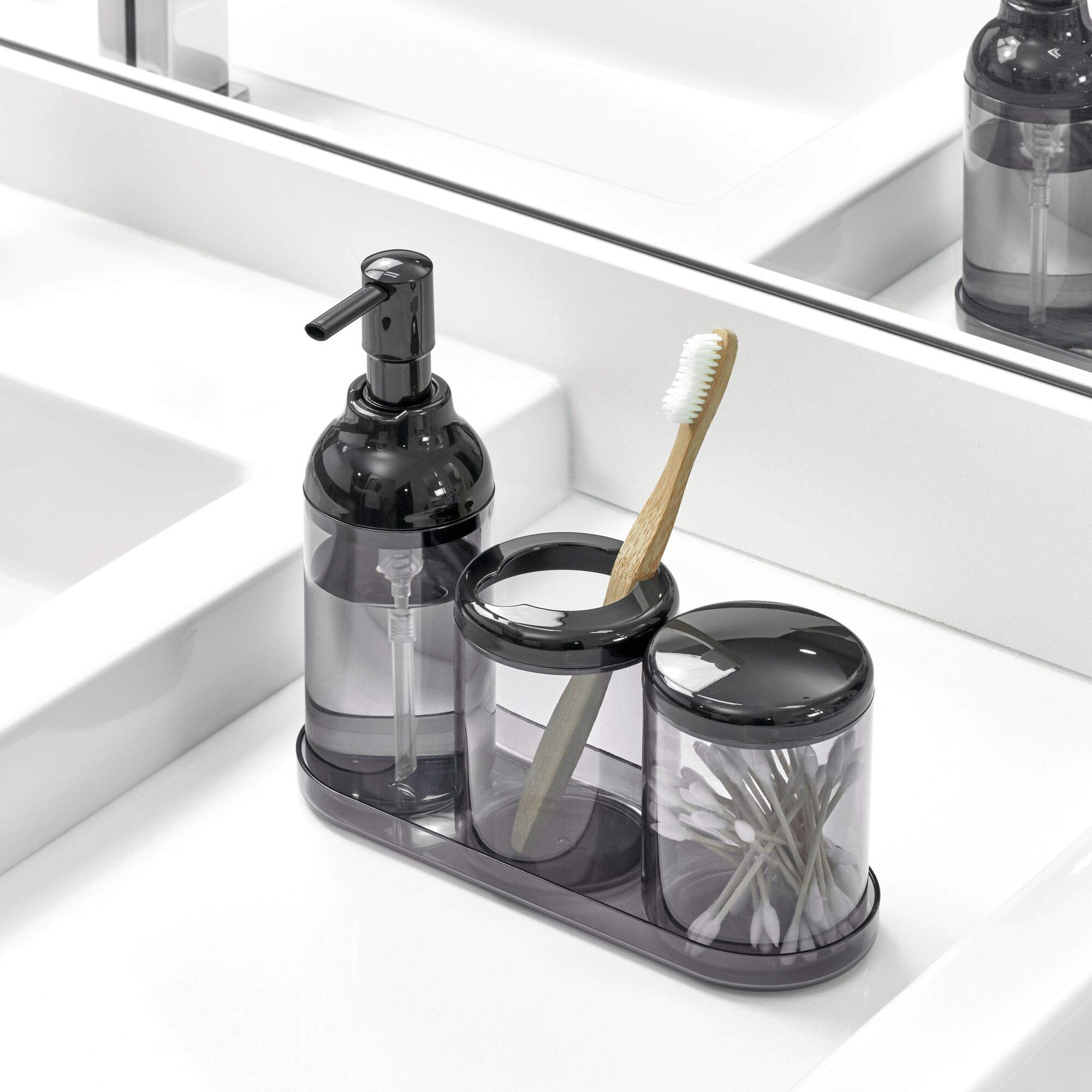 InterDesign iDesign 4-Piece Plastic Bathroom Organizer Set - Soap Dispenser, Toothbrush Holder, Lidded Pot & Organizer Tray - Black | Perfect for Sink Countertop Organization in Bathrooms, Kitchens & Vanities